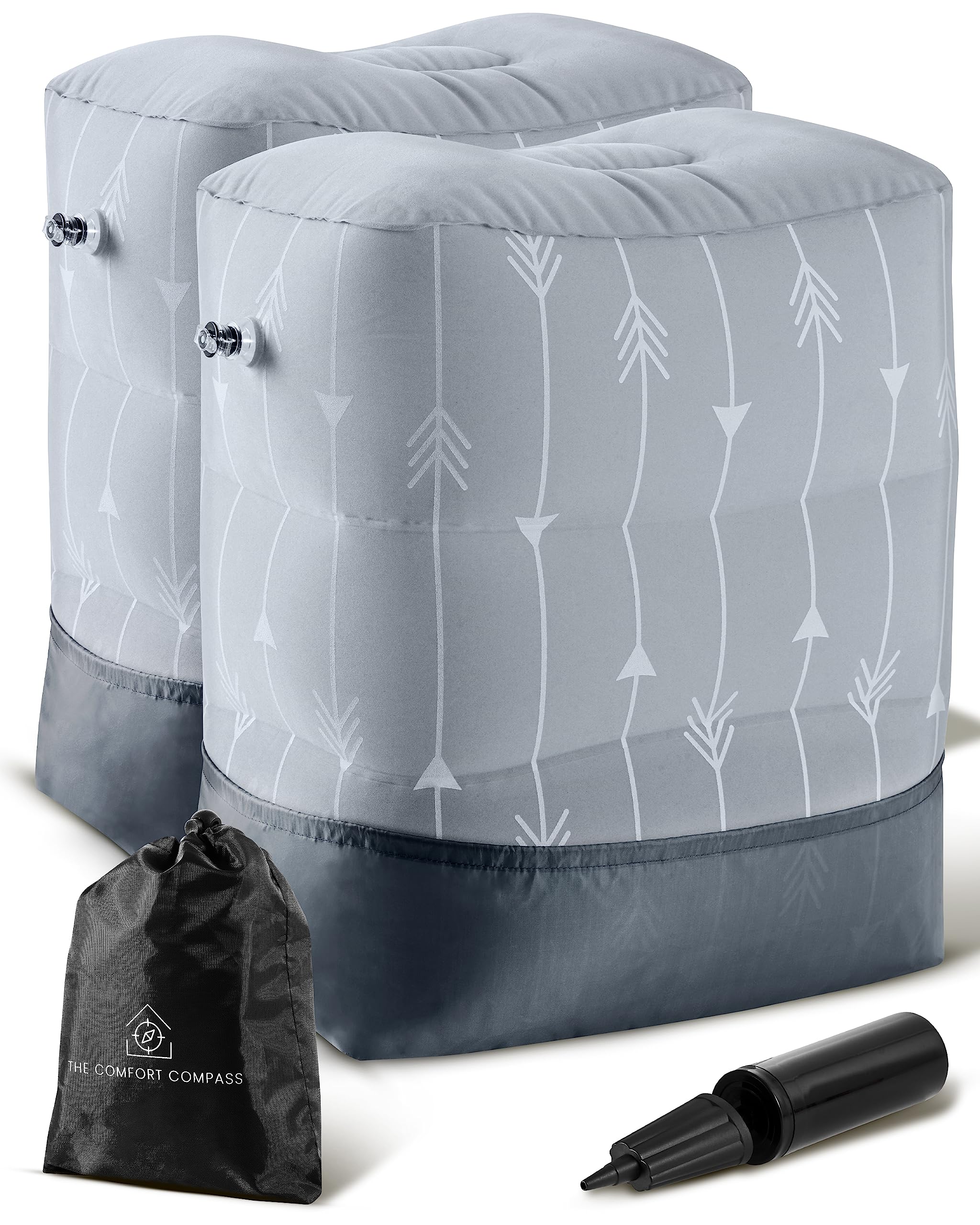 KTPInflatable Foot Rest for Air Travel - Airplane Travel FootRest with Adjustable Height for Kids and Adults - Includes Portable Air Pump and Carry Bag (2 Pack Gray)