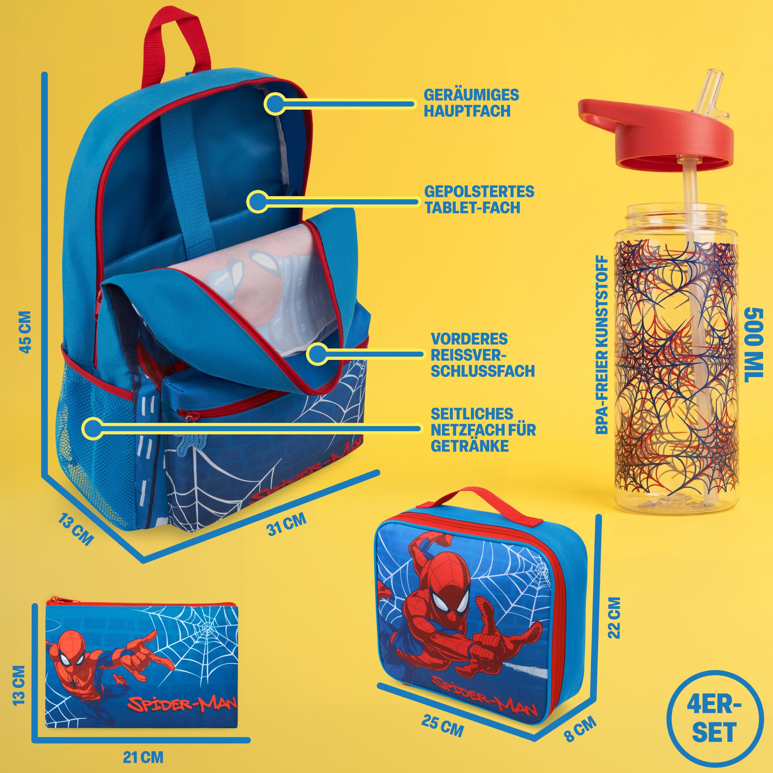Get Trend Marvel Spidey Rucksack Kinder 4er Set, Großer Kinderrucksack 46cm, Trinkflasche 500ml, Federmäppchen & Isolierte Lunchtasche, Geschenk für Kinder (Blau/Multi Spiderman)