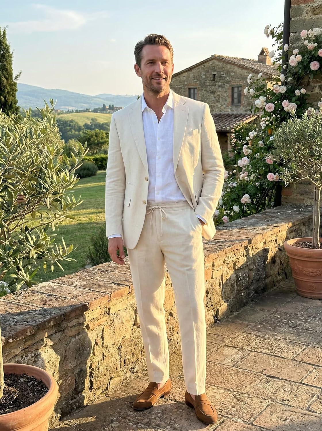 Men's Linen Suits 2 Piece Casual Regular Fit Linen Blazer Jacket and Pants for Summer Beach Wedding - Image 4