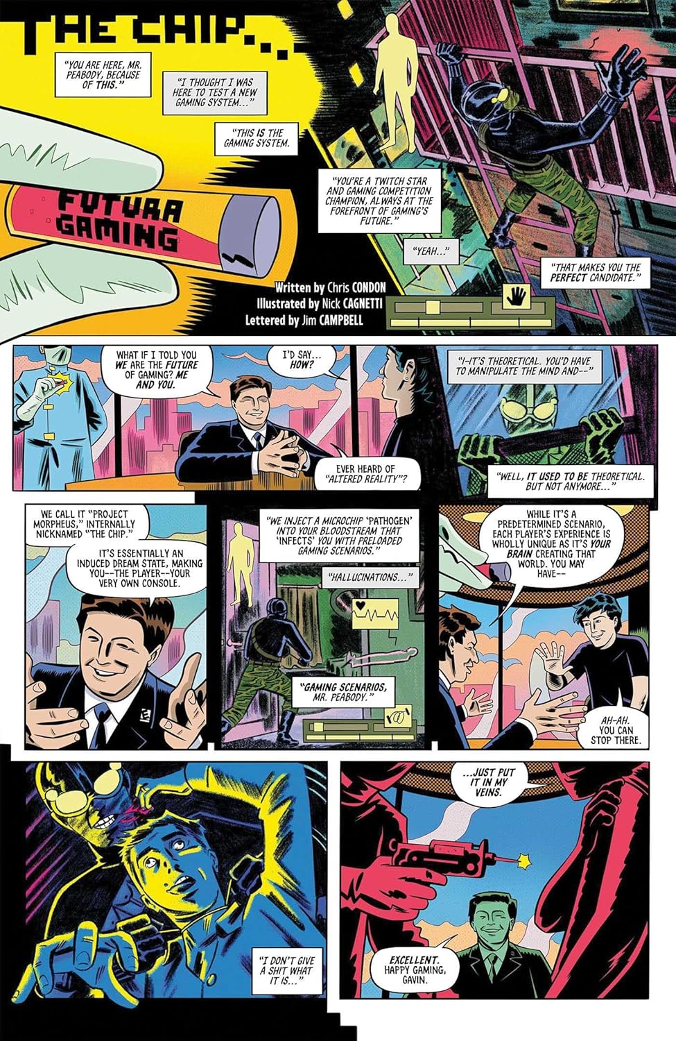 Comic panel from XINO titled 'THE CHIP', showing a man being offered a microchip for 'futura gaming' and 'altered reality'.