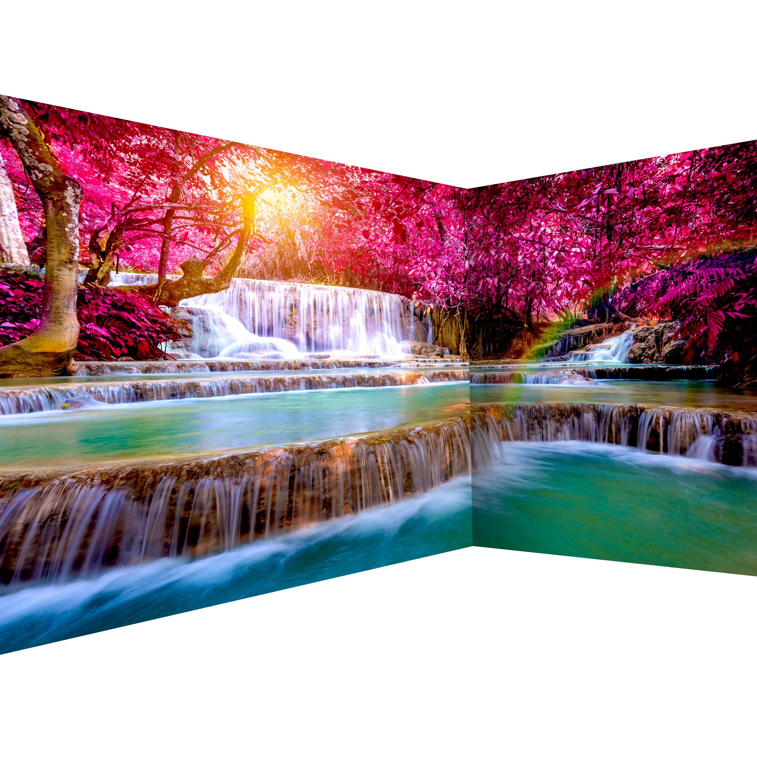 murando Photo Wallpaper Waterfall 539x250 cm / 212" x 98" Peel and Stick Self-Adhesive Corner Foil Print Wall Mural Angle Wallpaper Nature Sun Forest Pink Raibow Pradise c-B-0474-a-a — image 1