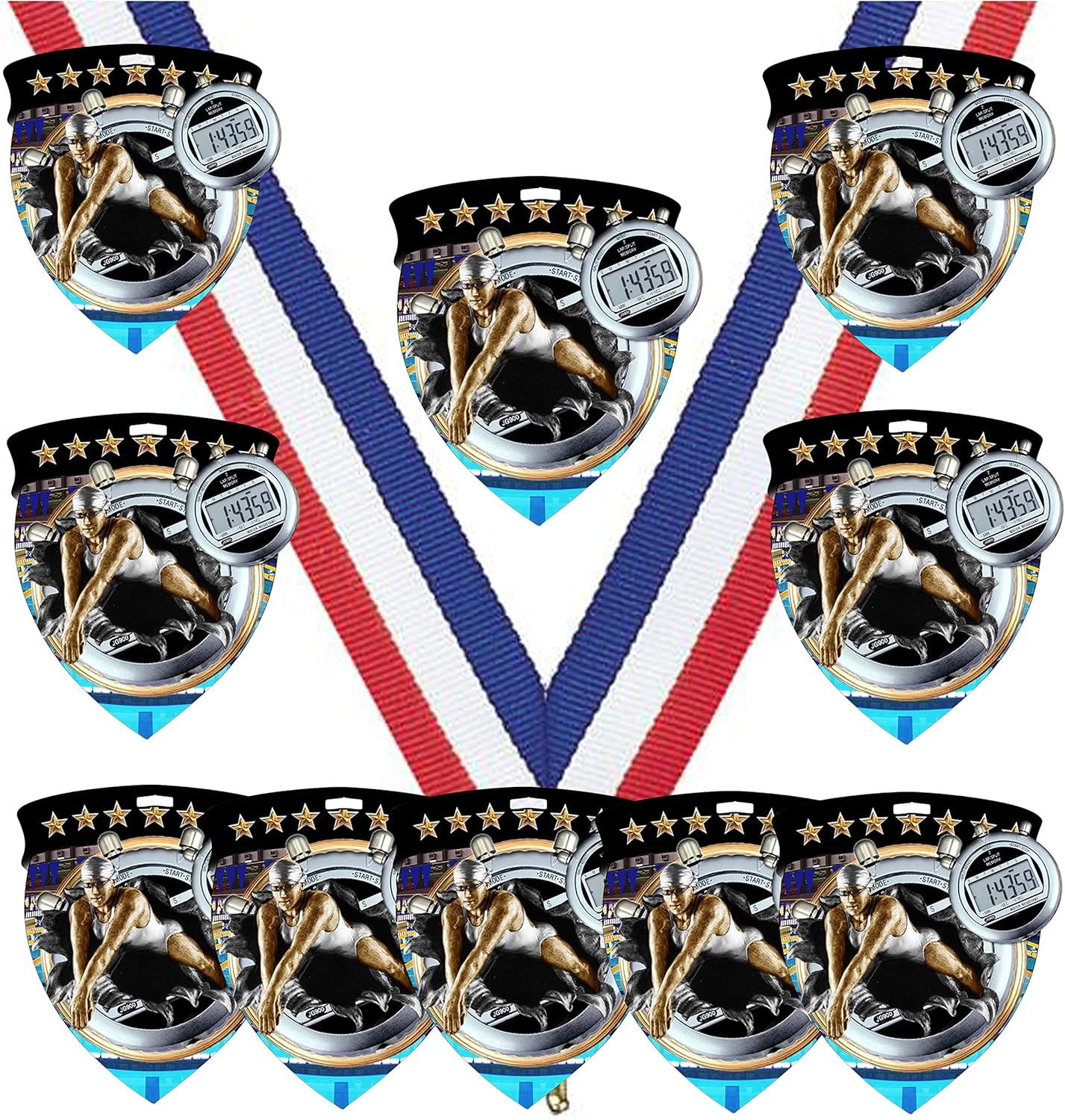 Express Medals 3 Inch Shield Shape Girls Female Swimming Swim Medals Trophy Team Award with Neck Ribbons CSM - (Pack of 10) - Large