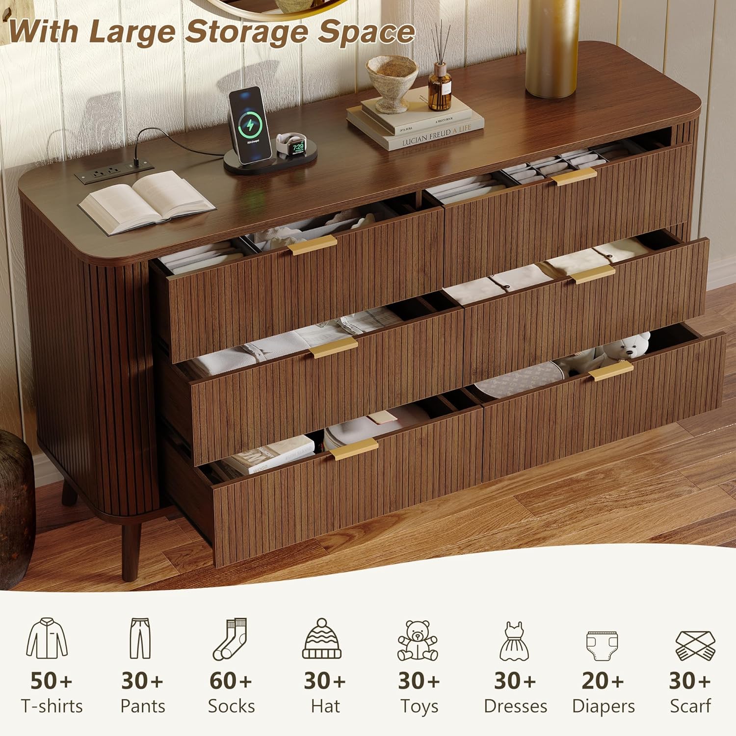 Alohappy Fluted 6 Drawer Dresser with Charging, 57" Wide Wood Dresser TV Stand, Mid Century Modern Long Dressers with Curved Profile Design for Closet, Bedroom Living Room, Hallway, Home Office