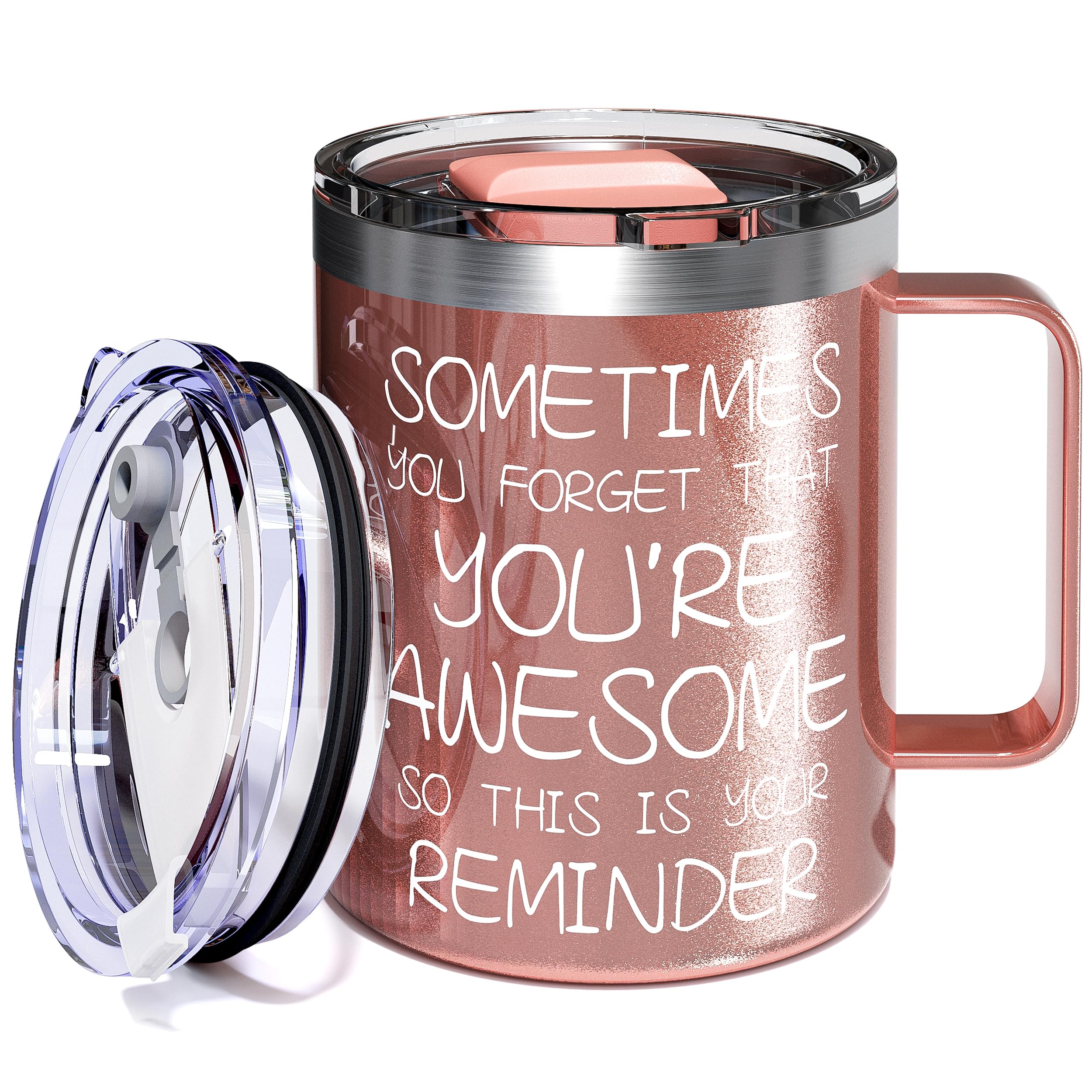 Inspirational Coffee Mug for Women, 12oz Insulated Stainless Steel Mug with Handle &amp; 2 Lids – Sometimes You Forget You’re Awesome, Birthday &amp; Appreciation Gift for Mom, Friend, Rose Gold