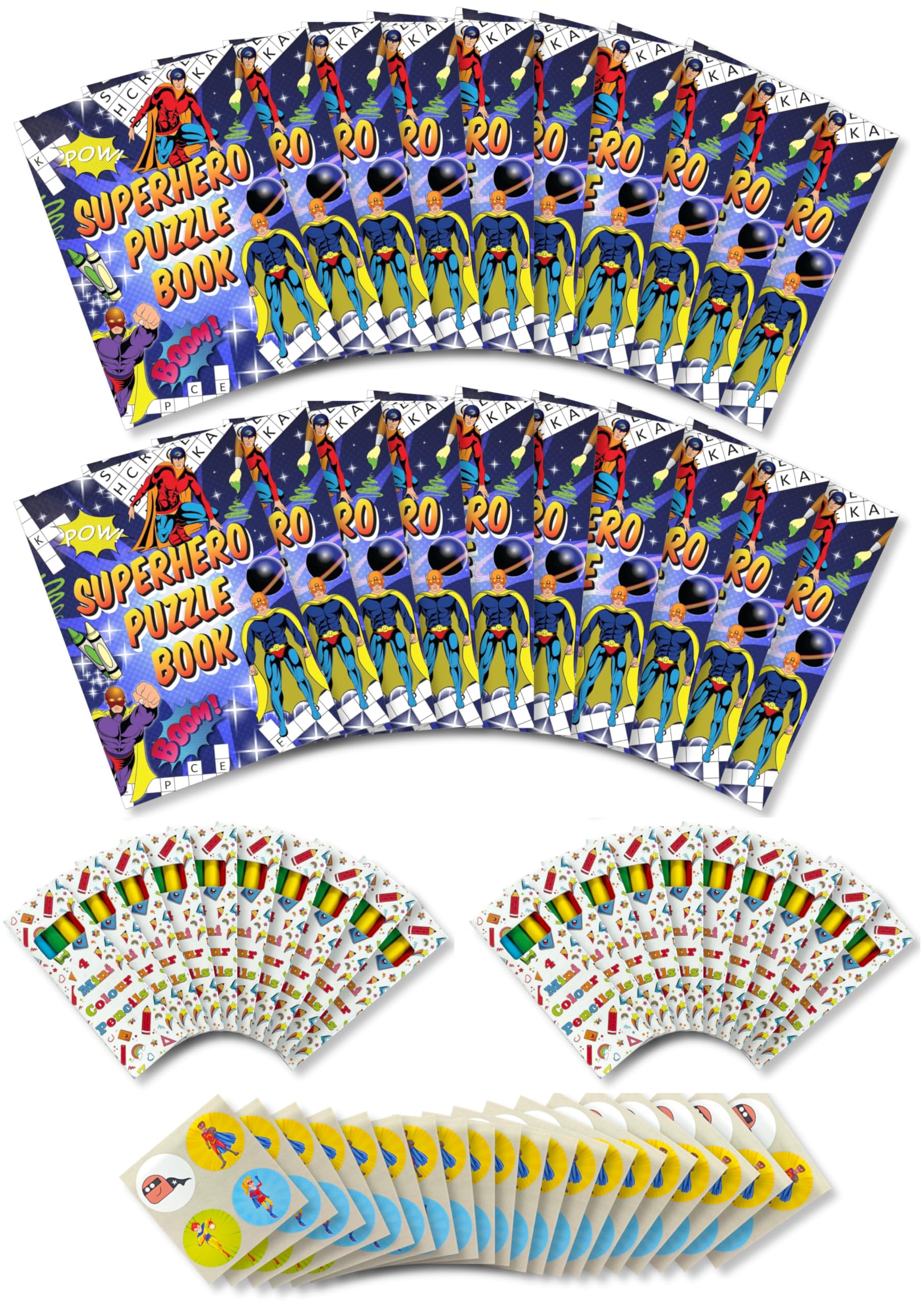 Anila's Assortment of 20 Superhero Themed Activity Books with colouring & Puzzles, 20 Sheets of Stickers & 20 Pencils, Children Birthday Party Favours Bag Fillers, School Classrooms.