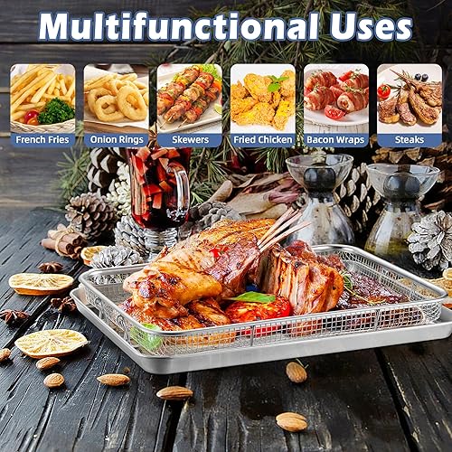 Miniatura 5 de TeamFar Cesta para freidora de aire para horno, cesta y bandeja de freidora de aire de acero inoxidable de 12.5 x 9.6 pulgadas, estante para