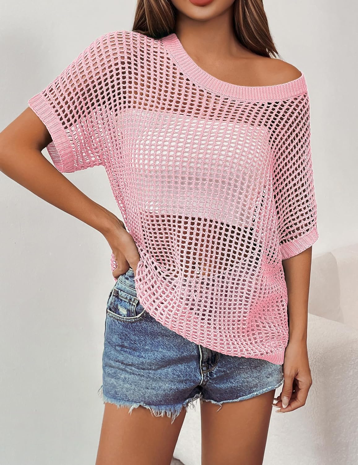 Zeagoo Short Sleeve Crochet Sweater Lightweight Summer Tops Loose Hollow Out Crewneck Pullover - Image 3