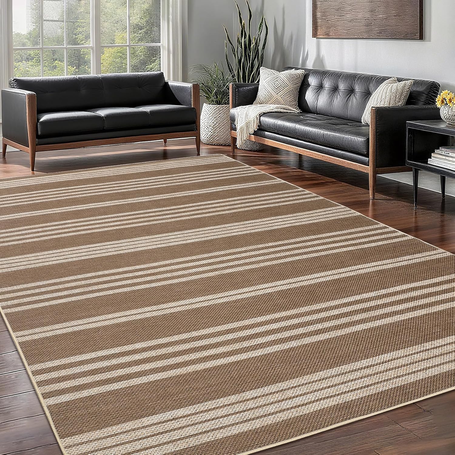 GAOMON Outdoor Rug 8x10 Area Rug for Bedroom Living Room Easy Jute Classroom Area Rug Modern Striped Rugs Indoor Outdoor Carpet Stain Resistant Dining Room Rugs Brown