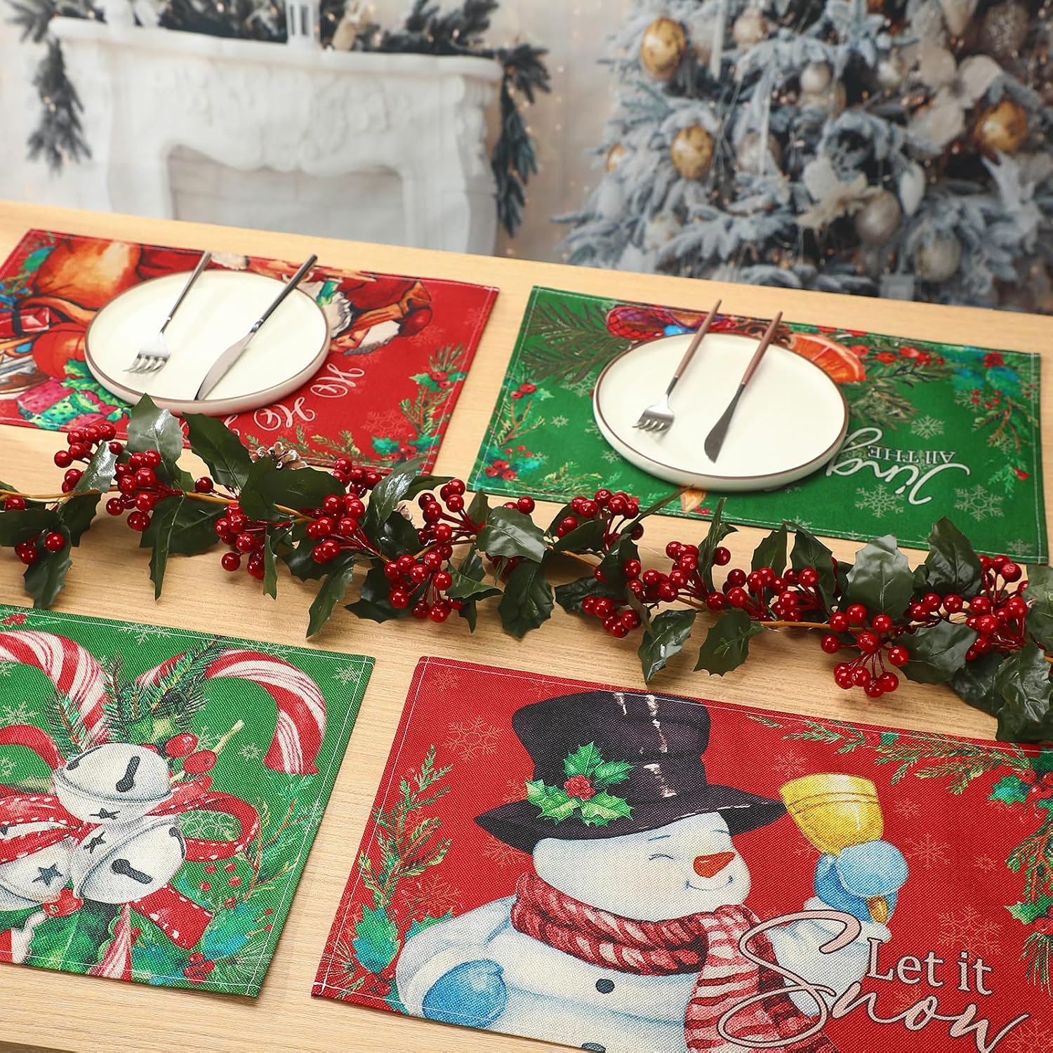 Hushee 6 Pcs Christmas Placemats Retro Santa Snowman 12x18 Inch