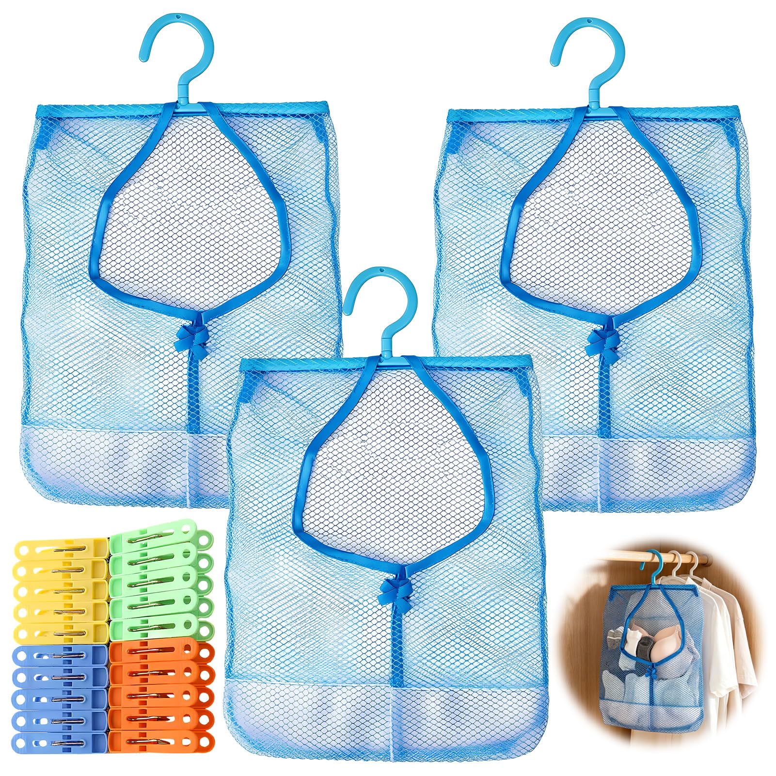 Clothes Peg Bag for Washing Line, 3 Pcs Blue Mesh Peg Bags with Hanger and 20 Pcs Plastic Clips, Reusable Waterproof Peg Basket Storage Organizer for Drying Clothes Indoors Outdoors