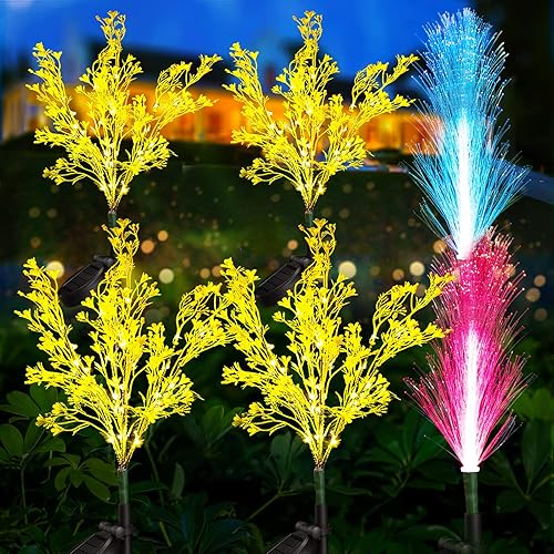 Neporal Paquete de 2 luces solares de flores de Cole y 2 luces solares de fibra óptica, luces solares al aire libre para jardín, patio, decoración