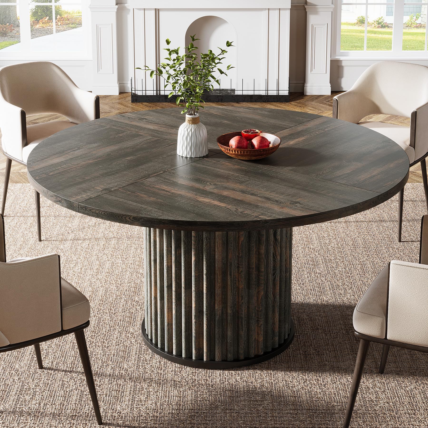 Tribesigns Tavolo da pranzo rotondo da 120 cm per 4 – 6 persone, moderno tavolo da cucina in MDF scanalato + base in metallo, robusto mobile rotondo per sala da pranzo, nero marrone