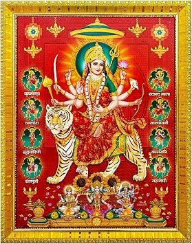 durga maa/ambe/sherawali/nav durga maa / 9 Form on tiger photo frame with Laminated Poster for puja room temple Worship/wall hanging/gift/home decor 30 x 23 cm