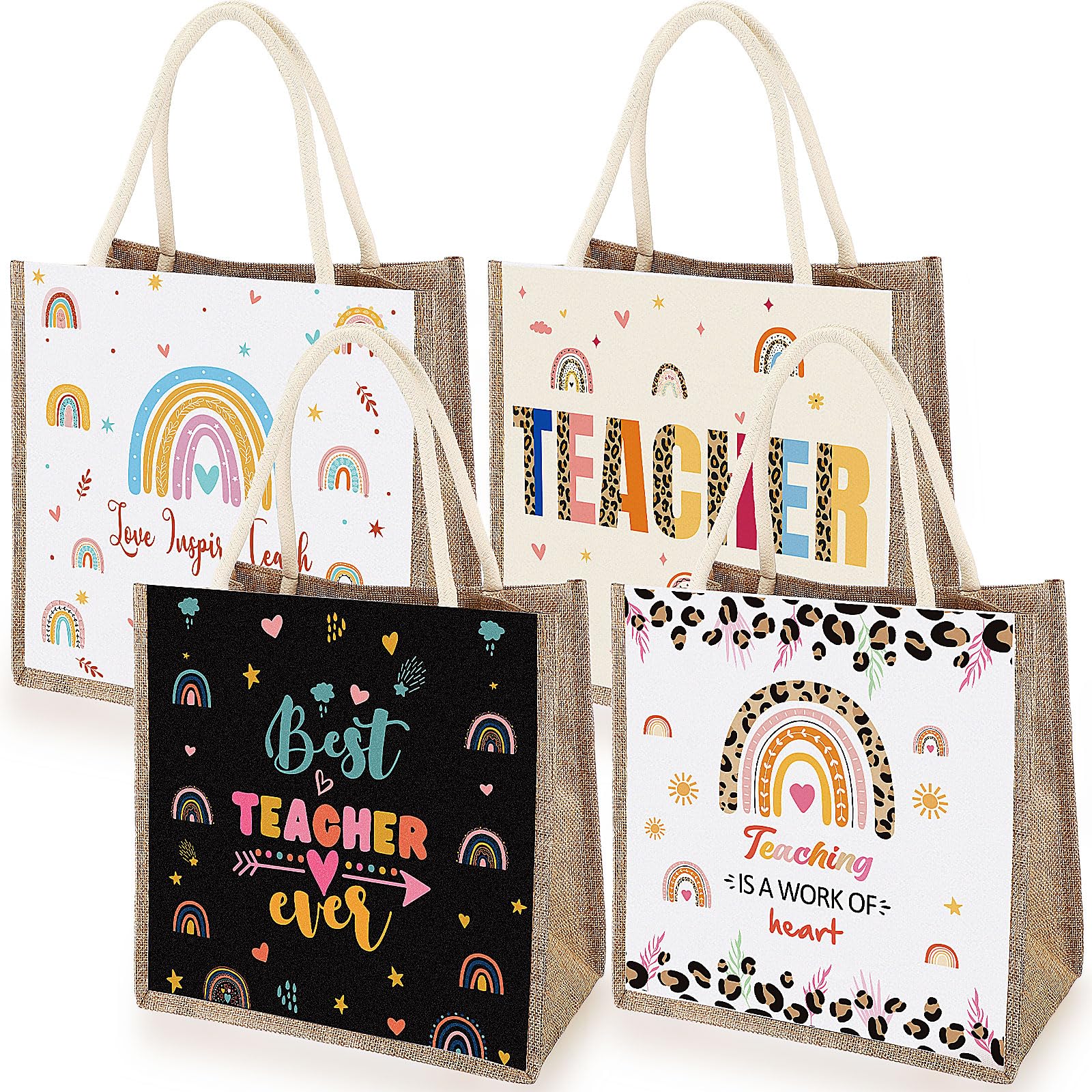 Silkfly 4 Pcs Teacher Appreciation Tote Bag Gifts for Women Rainbow Pattern Teacher Appreciation Gifts Burlap Tote Bag with Handles for Graduation