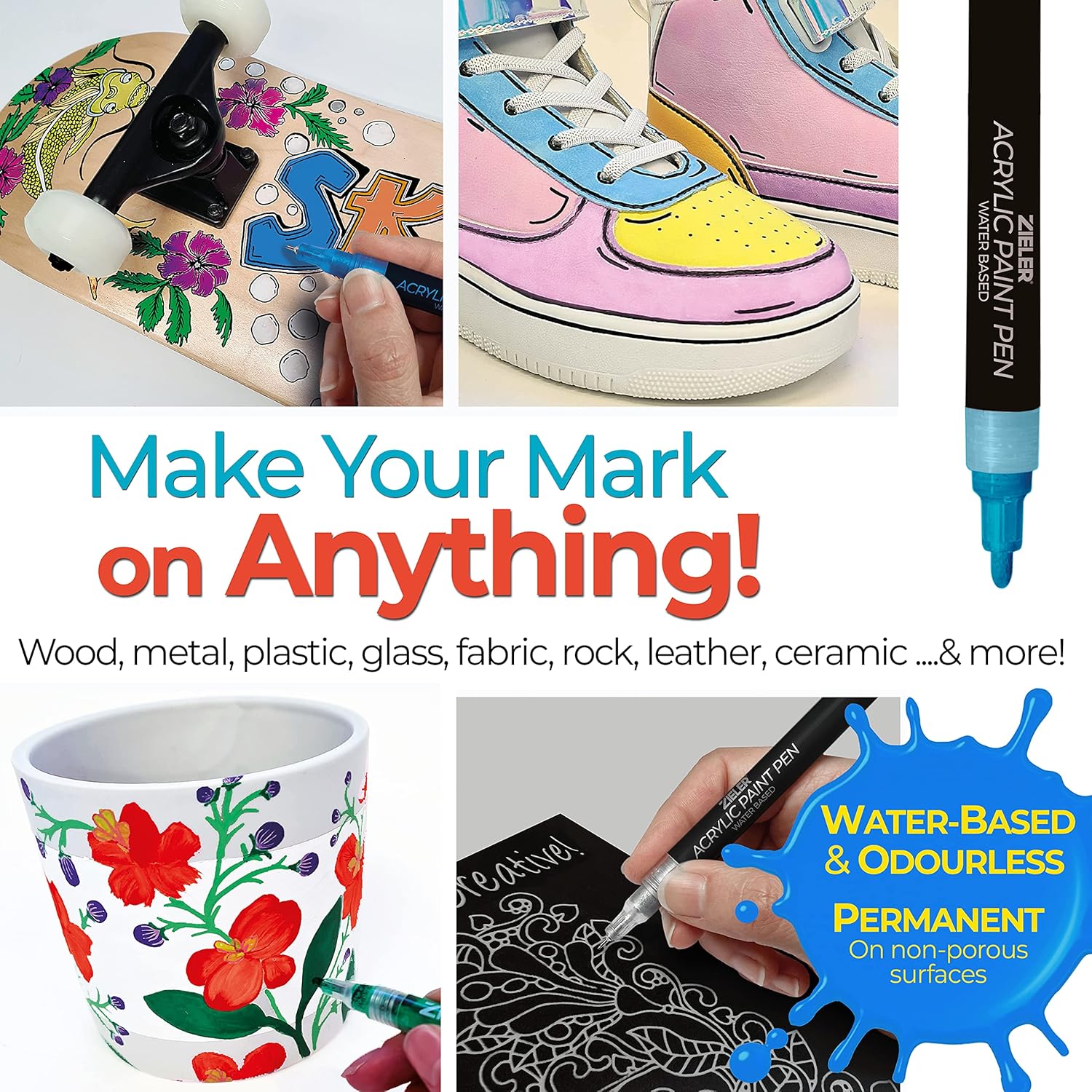 Zieler 12 Acrylic Paint Pens for Rock Painting, Ceramic, Porcelain, Glass, Stone, Pebble, Fabric, Wood & DIY Mug Design Permanent Water-based Marker Pens – Pastel colours (Fine Tip 1.5mm)