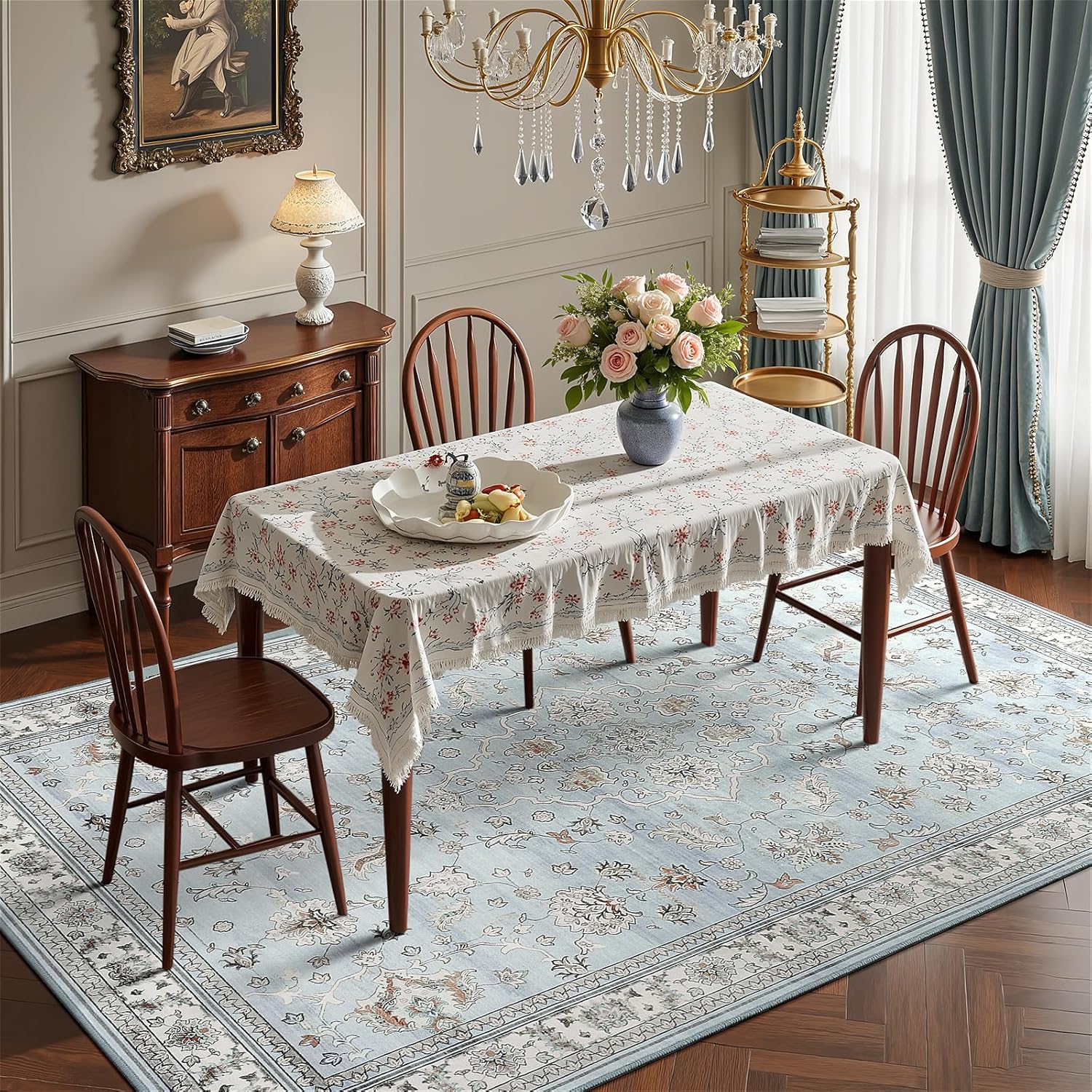 4x6 Light Blue Washable Boho Area Rug for Living Room, Vintage Floral Non Slip Bedroom Rugs, Wool Low Pile Indoor Mat, Aesthetic Pattern Carpet for Kitchen, Office and Bedside