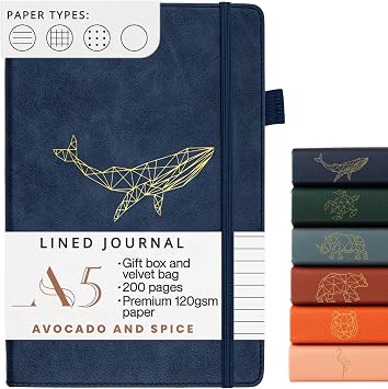 A5 Notebook Travel Journal by Avocado and Spice  Notepad with Gift Box & Velvet Bag - Hardback Daily Planner - A5 Lined Notebook with Bookmark, Elastic Strap, Pen Holder, 200 Pages Blue, Lined