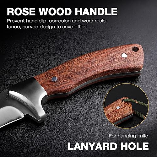 Miniatura 3 de Flissa Cuchillo de hoja fija con funda, cuchillo de caza de espiga completa de 9.8 pulgadas con hoja de acero de alto carbono, mango de madera rosa