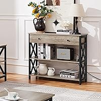 Vista 2 de Yaheetech Mesa consola con tomas de corriente y puertos USB, mesa de entrada de madera con cajón y estantes abiertos, mesas de sofá estrechas