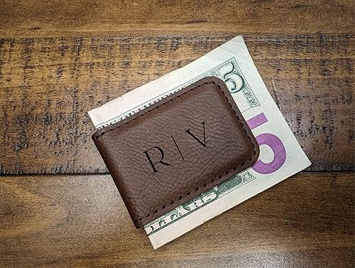 Miniatura 7 de Personalized Engraved Money Clip with Magnetic Closure, Custom Engraved Minimalist Leather For Him (Dark Brown)