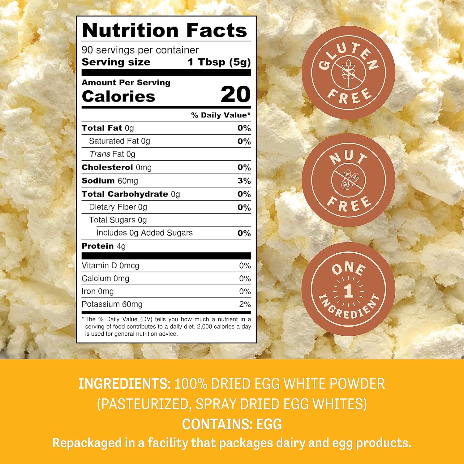 Judee's Gluten Free Dried Egg White Protein Powder - Pasteurized & Gluten-Free with Dried Egg Whites - Nut-Free - Just One Ingredient - Made in USA - 1 lb Pouch