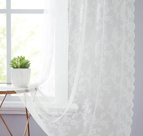 Cortinas traslúcidas de encaje blanco para dormitorio, 55 x 54 pulgadas, paneles de cortina de encaje con rosas florales francesas duraderas,