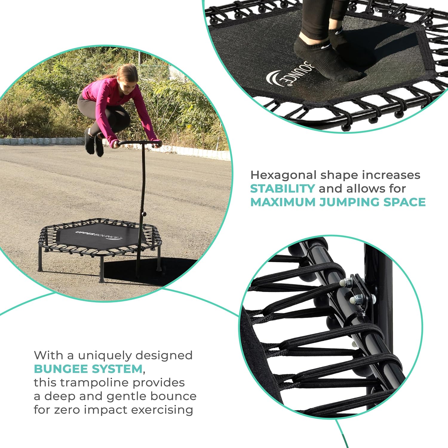 Upper bounce Mini Workout Trampoline Adjustable tshaped handrail – Hexagonal rebounder Trampoline Kids & Adults – Fitness Recreational Trampolines, Supports up 220lbs. (Black, 40 Inches)