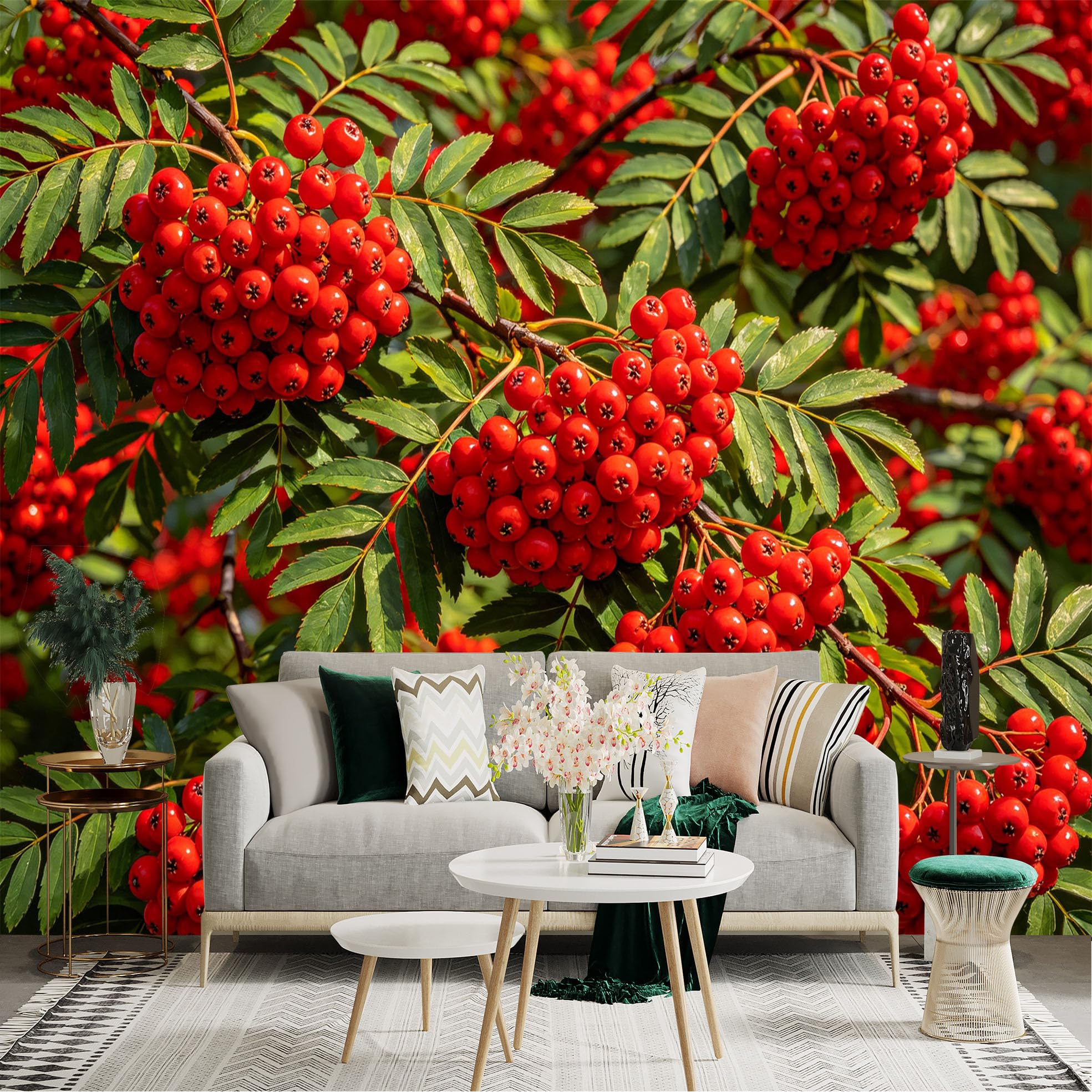 Lnzczhyre Dbh260521189 Custom Size Wall Sticker Mural， Vibrant Red Rowan Berries， Lush Green Autumn Foliage， Nature Botanical Scene， For Wall Decoration， Peelandstick Wall Decals.