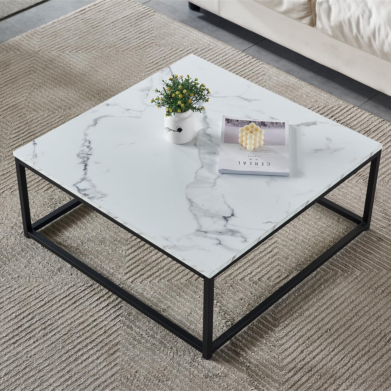 MEUBLE COSY Tavolino da Caffè Tavolini da Salotto Divano Tavolo Quadrata con Piano Effetto Marmo Struttura in Metallo per Soggiorno, Camera da Letto, Montaggio Facile, Bianco e Nero, 80x80x34cm