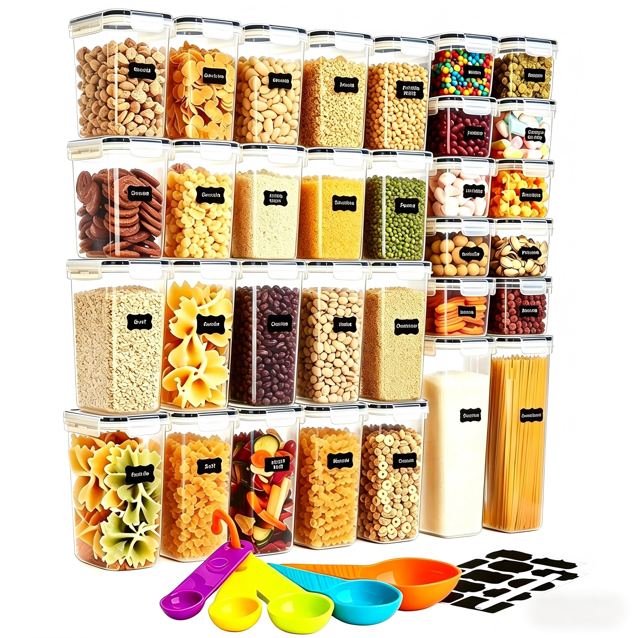 stusgo 32 Pack Airtight Food Storage Containers with Lids, BPA Free Clear Plastic Pantry Storage Containers, Kitchen Pantry Organizers for Cereal, Flour, Sugar, Dry Food