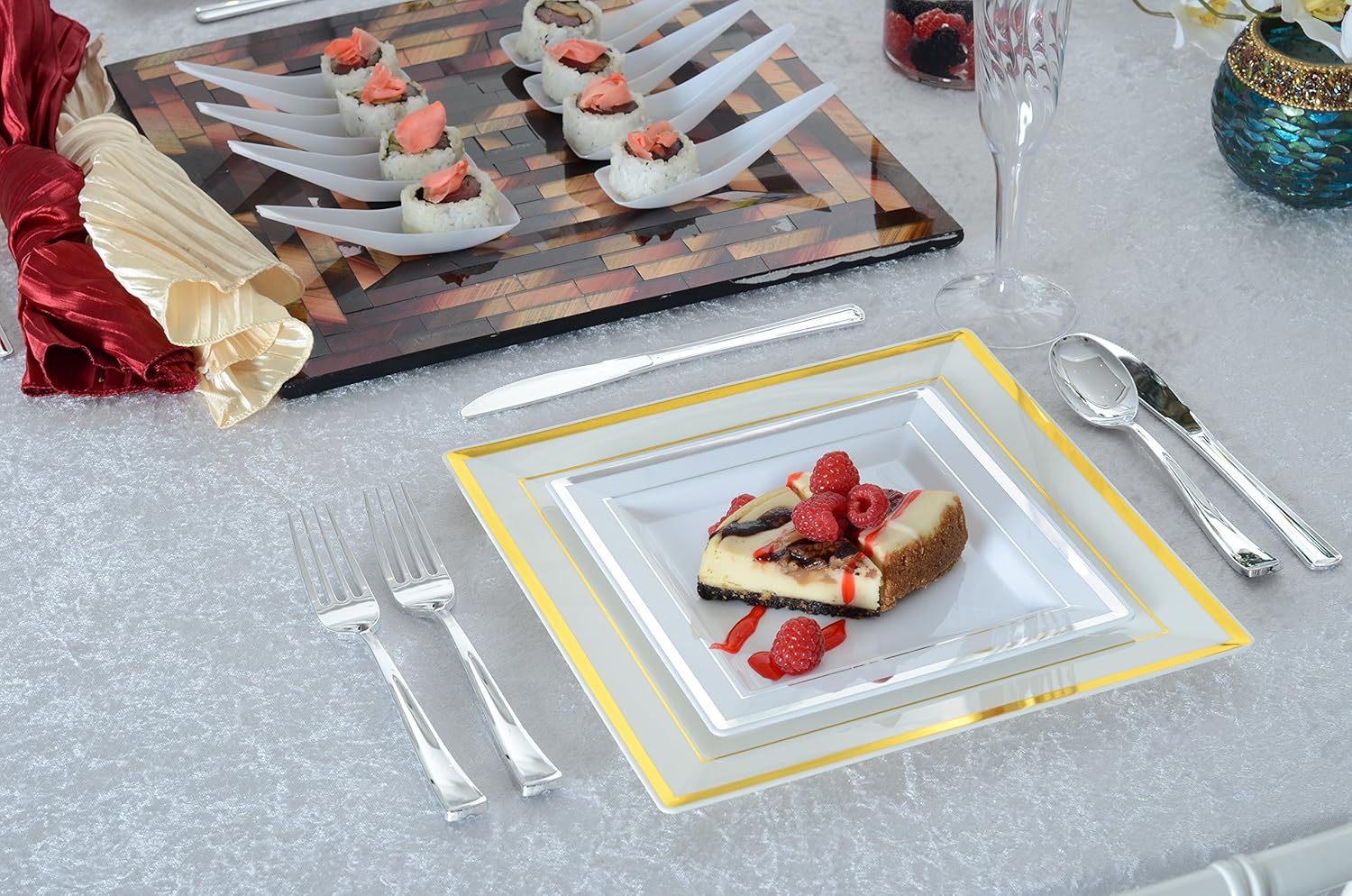 Square Splendor Trim Square Dessert Plate, 7.25-Inch, White and Silver, Pack of 120