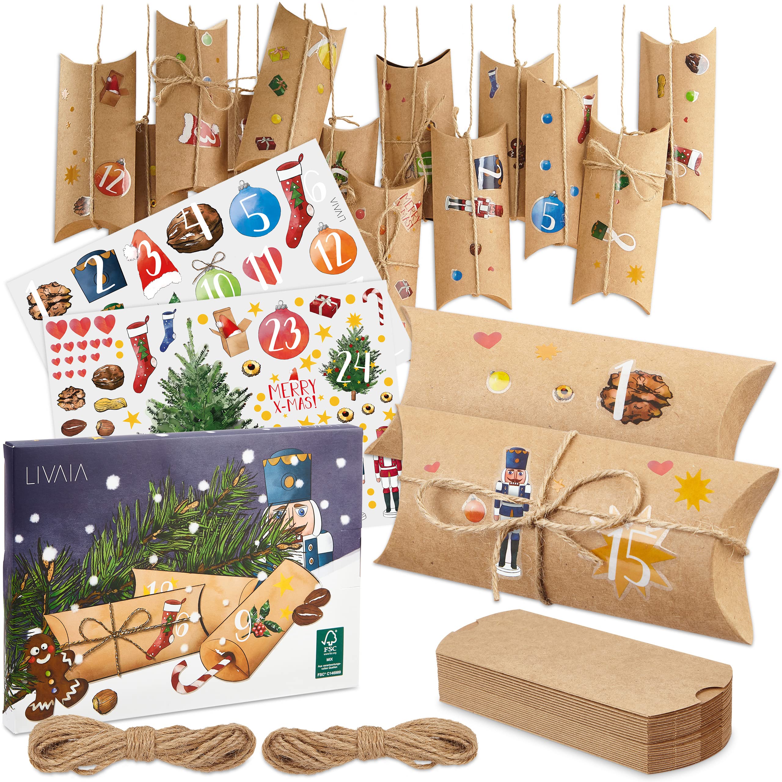 JijAcraft Calendario Dell'Avvento Fai Da Te - 24 Sacchetti Di Iuta 10x15 Cm Con Ciondoli E Spago - Decorazione Natalizia Rustica Per Regali E Albero