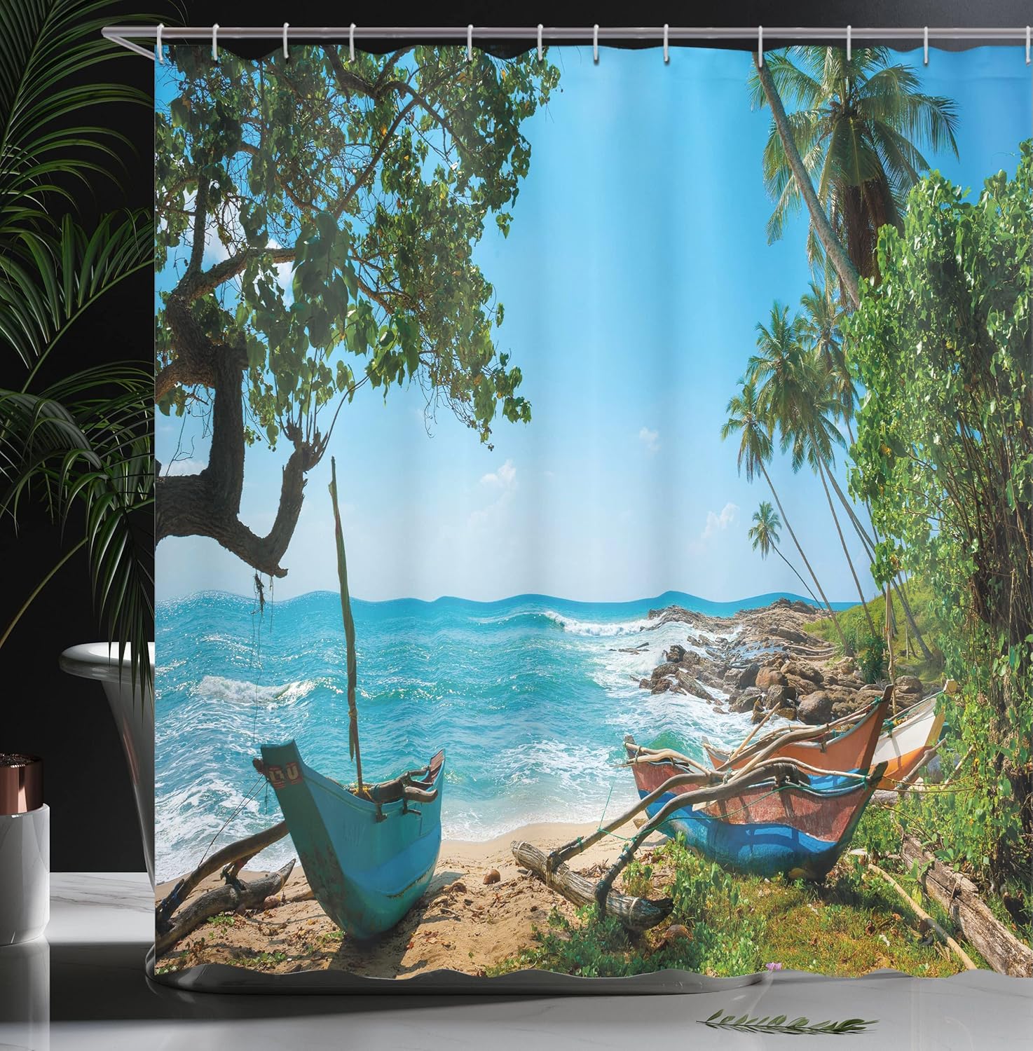 Ambesonne Beach Shower Curtain, Tropical Ocean Scenery with Palm Trees and Fishing Boats Caribbean Landscape, Cloth Fabric Bathroom Decor Set with Hooks, 69" W x 70" L, Green and Blue