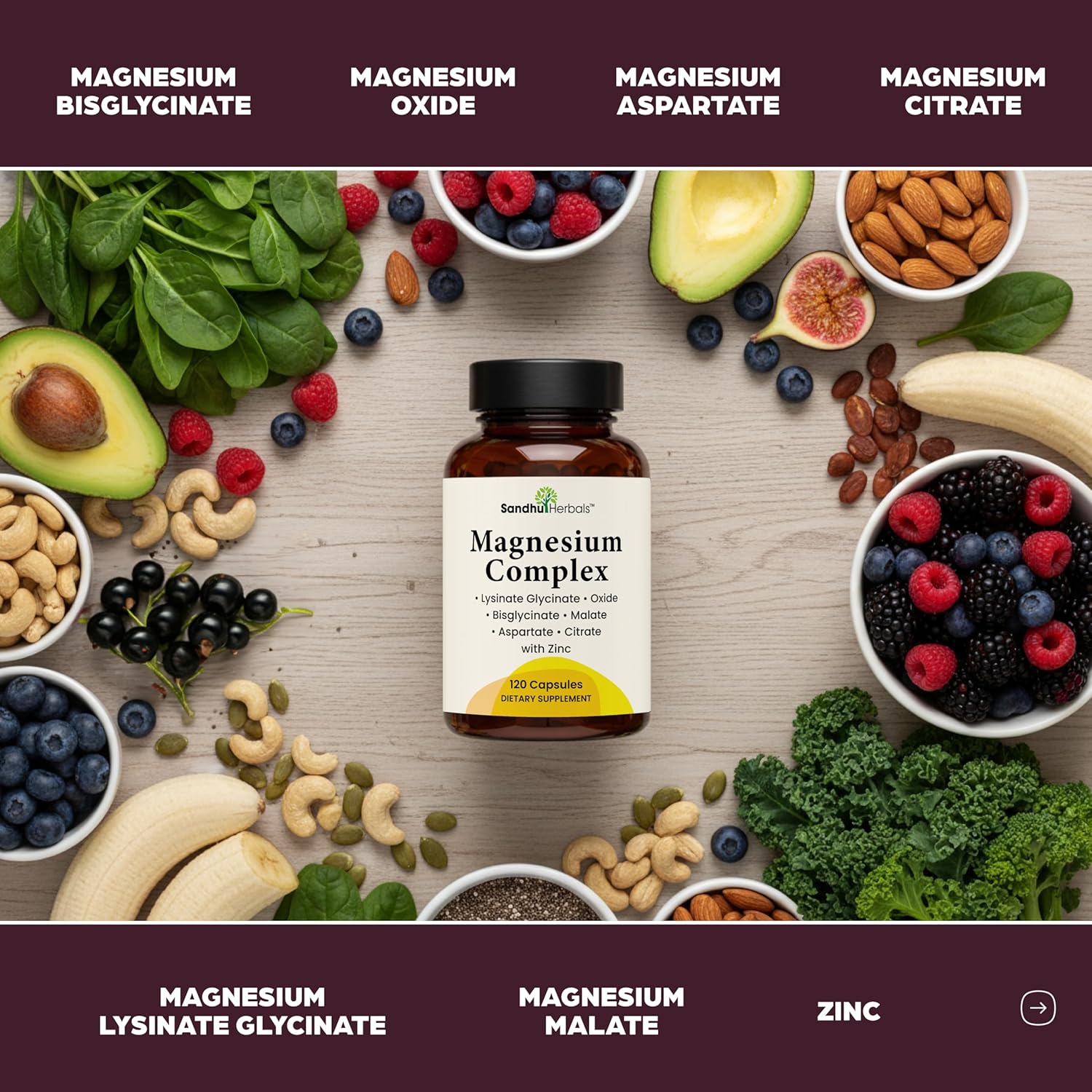 Complete Magnesium Complex 500mg for Women & Men | 240 Capsules | 6 in 1 Mag Supplement with Zinc | Quality Sleep & Muscle Health | Glycinate, Citrate, Malate, Oxide, Aspartate, Lysinate Glycinate