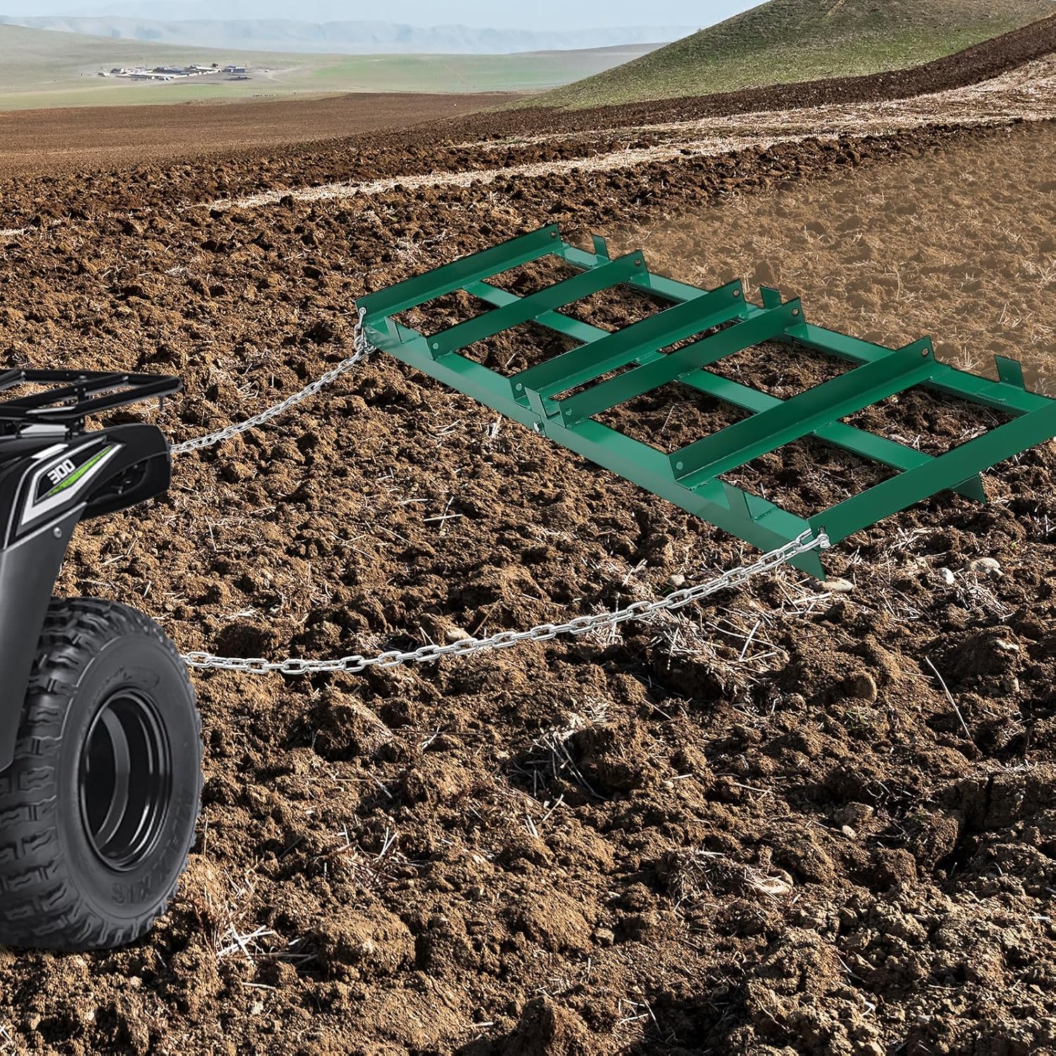 6 ft ATV Drag Harrow Lawn Leveling Rake, Heavy Duty Chain Driveway Drag, Tow Behind Lawn Rake for ATV, UTV, Tractor, Mower for Gravel, Hay Field, Yard Land Leveling Tool