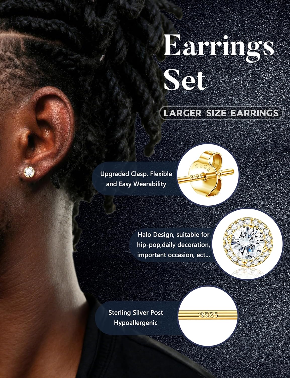 LOYALLOOK Cubic Zirconia Stud Earrings for Women Men Hypoallergenic 925 Sterling Silver Post Halo Studs Set Round Square Iced Out Earrings 18K Gold Plated Simulated Diamond Cut CZ Stud Earrings Set - Image 7