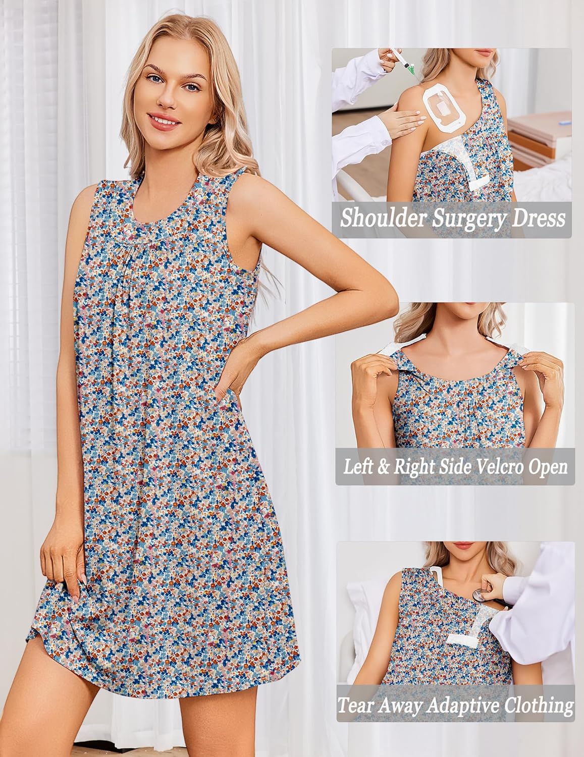 Deyeek Women's Post Shoulder Surgery Dress Tear Away Sleeveless Dress Side Full Open Chemo Port Adaptive Nightgown - Image 4