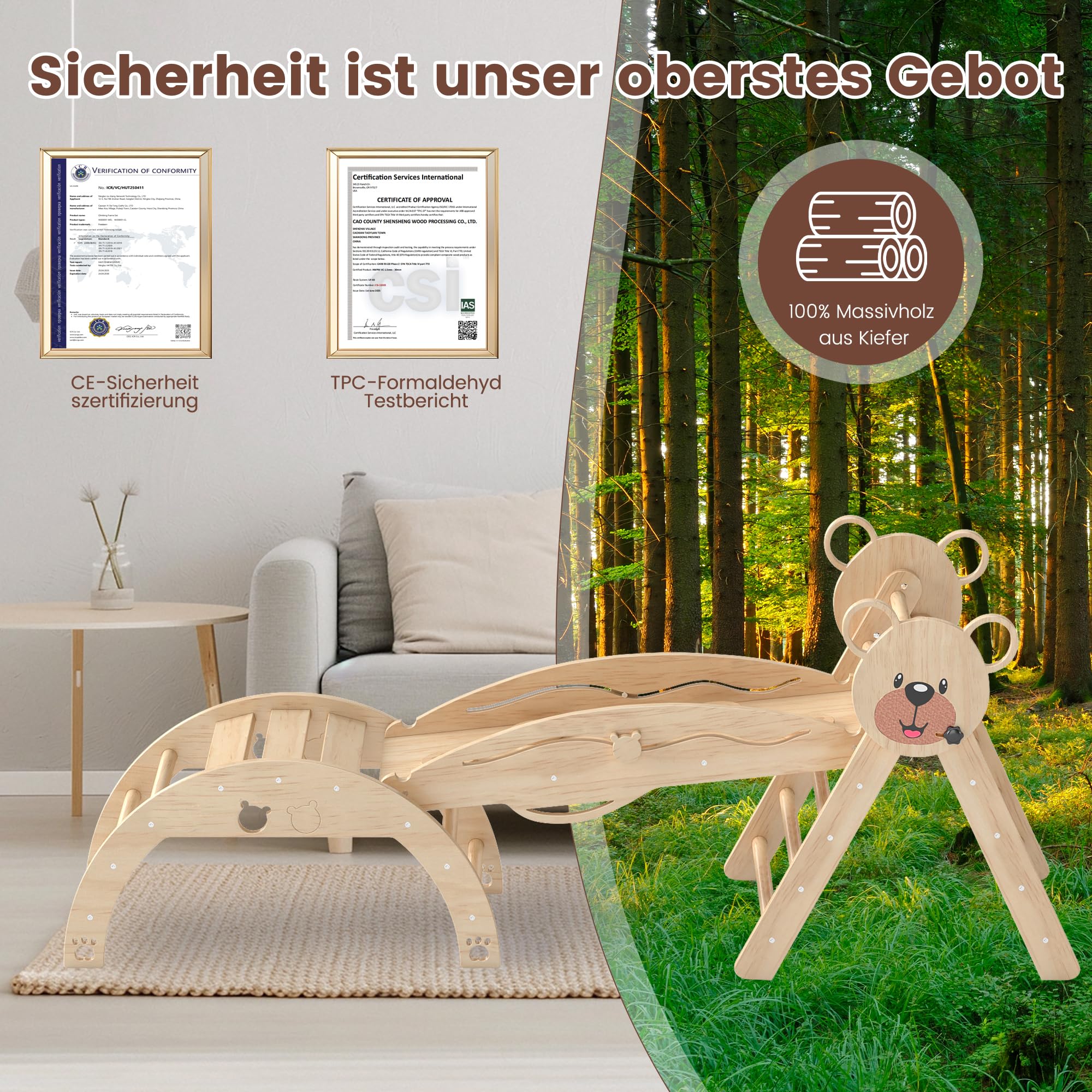 Klettergerüst Indoor,Holz Montessori Kletterdreieck mit Rutsche, Bogen，Leiter&Spielmatte ，für Kinder ab 1 Jahr(Naturholz)