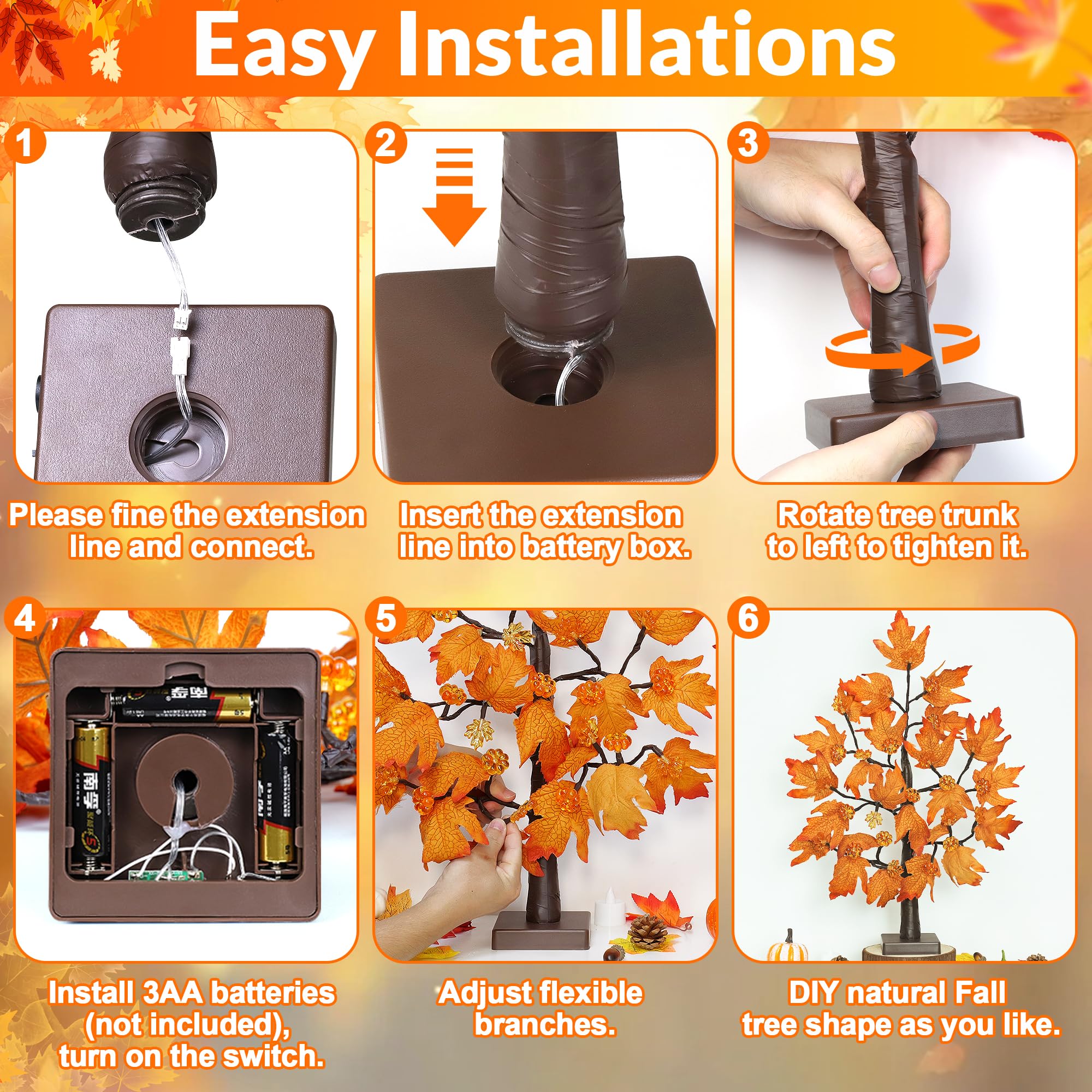 [Timer] Confezione da 2 decorazioni autunnali per albero di acero autunnale del Ringraziamento con 48 luci a LED, albero autunnale da 61 cm con acero di zucca illuminato, decorazioni per la tavola