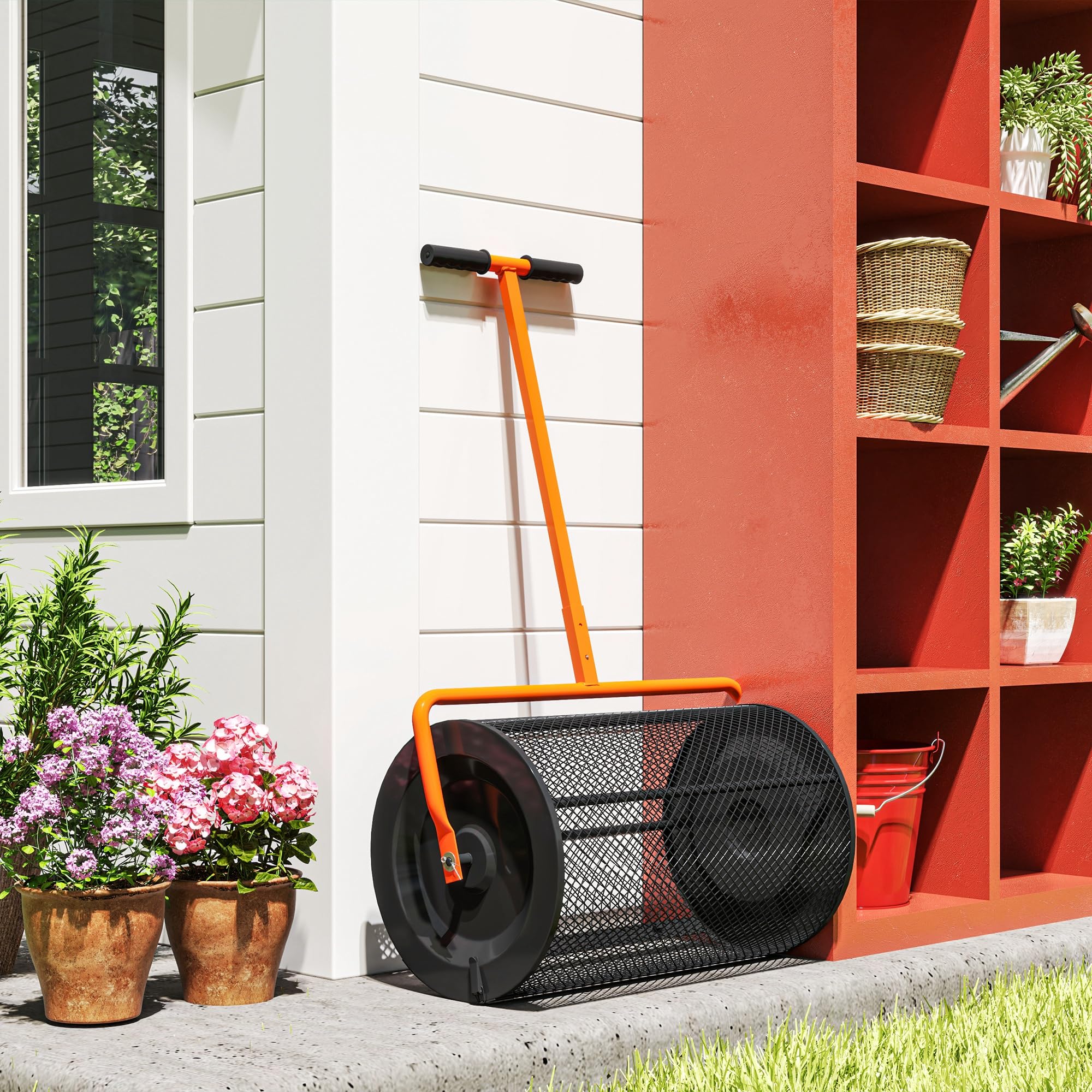 Outsunny Esparcidor de compost, 61 cm de altura ajustable, mango en forma de T, color naranja | Esparcidor de jardín de musgo de turba, cesta de malla de metal, para sembrar, esparcir estiércol