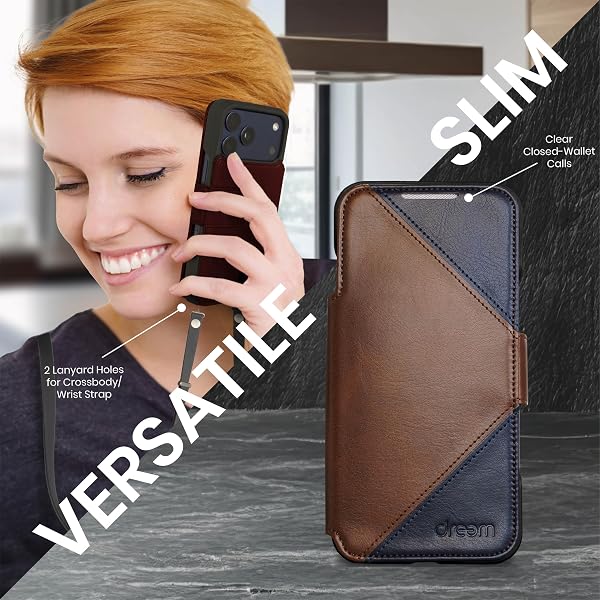 dreem iPhone 17 Pro Max Wallet Case - With Multi-Function Stand, Vegan Leather, MagSafe Compatible, Removable Magnetic Cover, RFID Card Holder [Fibonacci:Brown/Blue] - 5