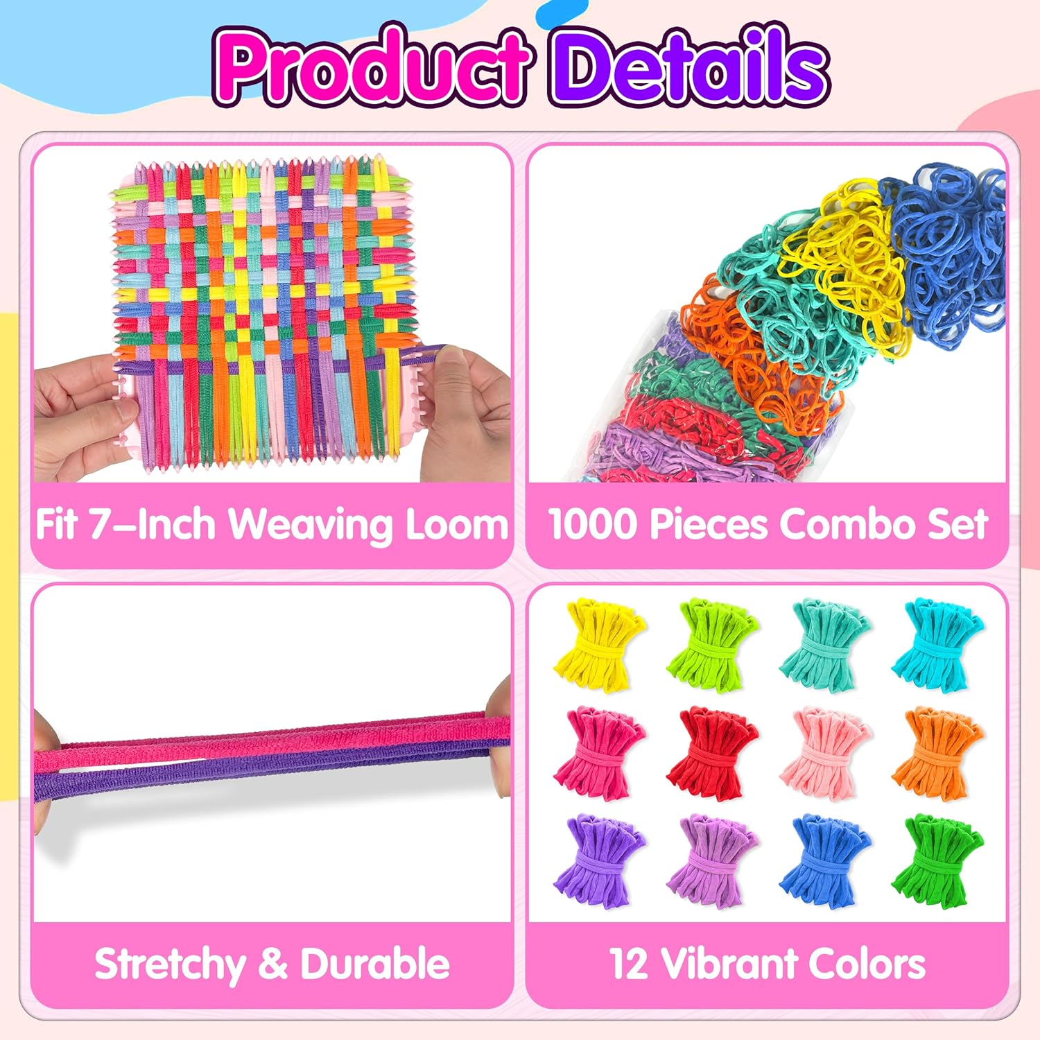 LINAYE 1000 PCS Loom Refill Loops, 12 Color Weaving Loom Refill Loops Kit for Potholder 6” 7” Size Pot Holder Loom Art and Crafts DIY Supplies for Adults Teens