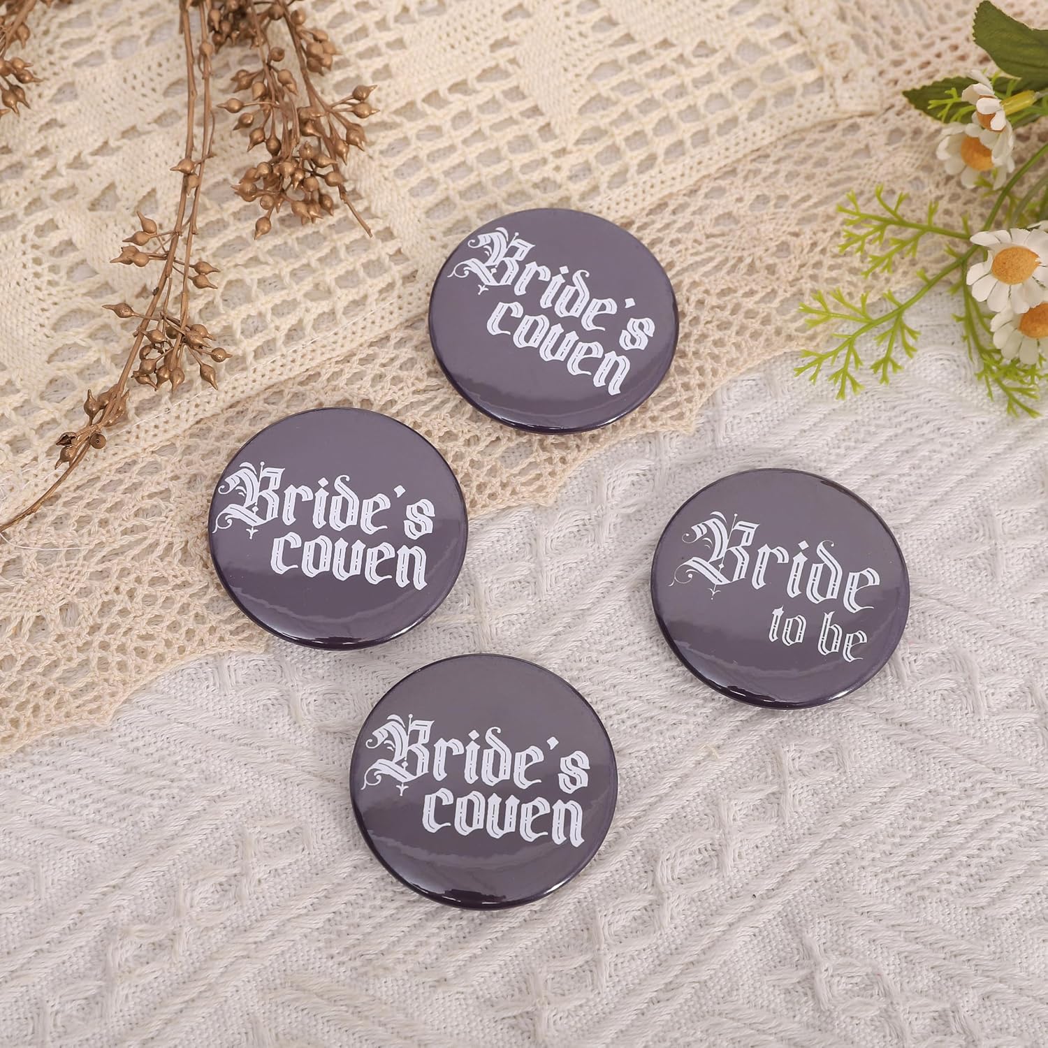 Gothic Bride Badges - Bachelorette Party Accessories, Bride to Be & Bride's Coven Buttons, Metalhead Bridal Shower Badge, Goth Hen Do Emo Witch Buttons (Gothic Bridal Party Badges)