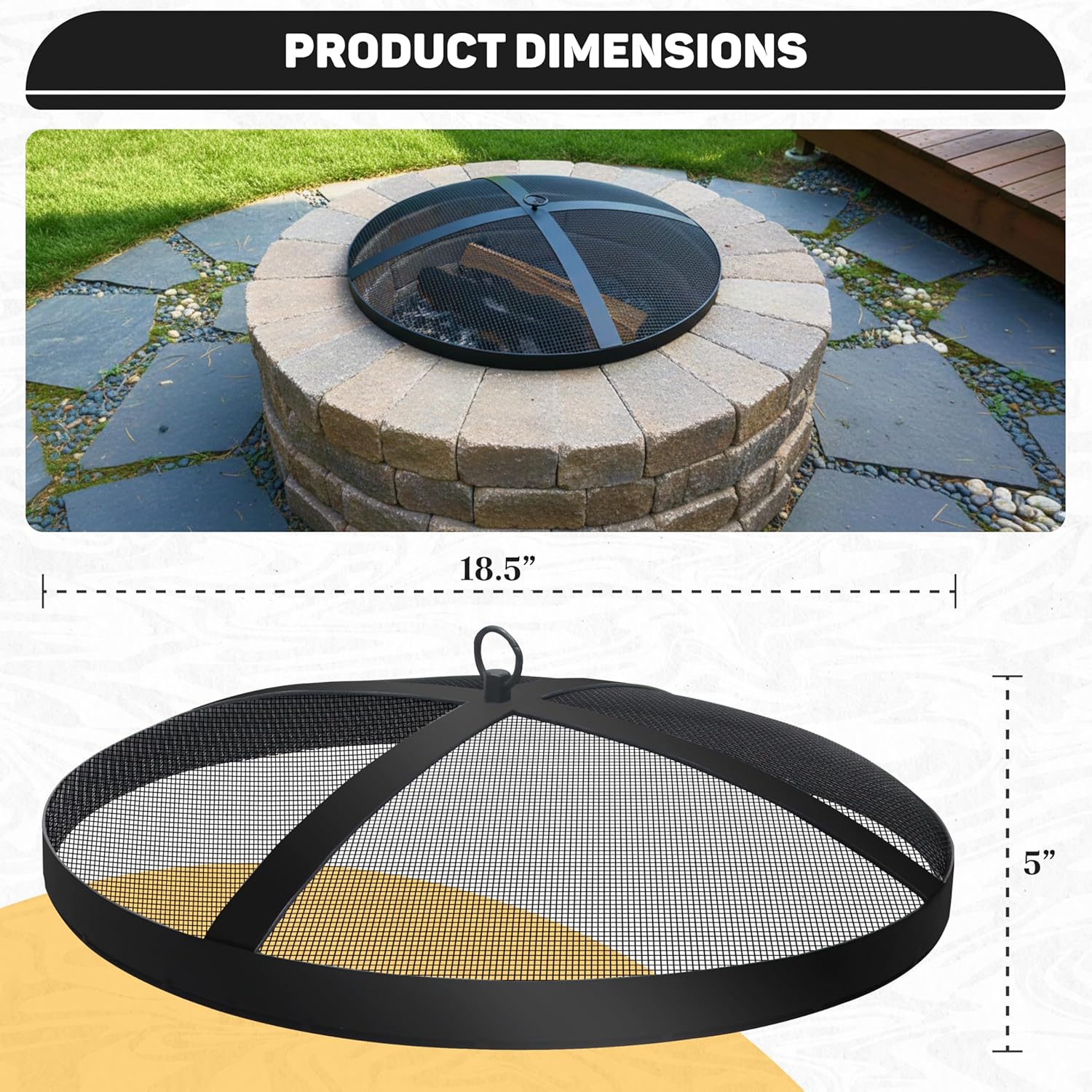 FEBTECH Fire Pit Screen Cover Round 18.5 Inch Ember Lid, One-Piece Construction Heavy Duty Mesh Fire Pit Spark Screen with Hook, Bonfire Shield for Outdoor, Patio, Backyard, Camping and Firepit Safety