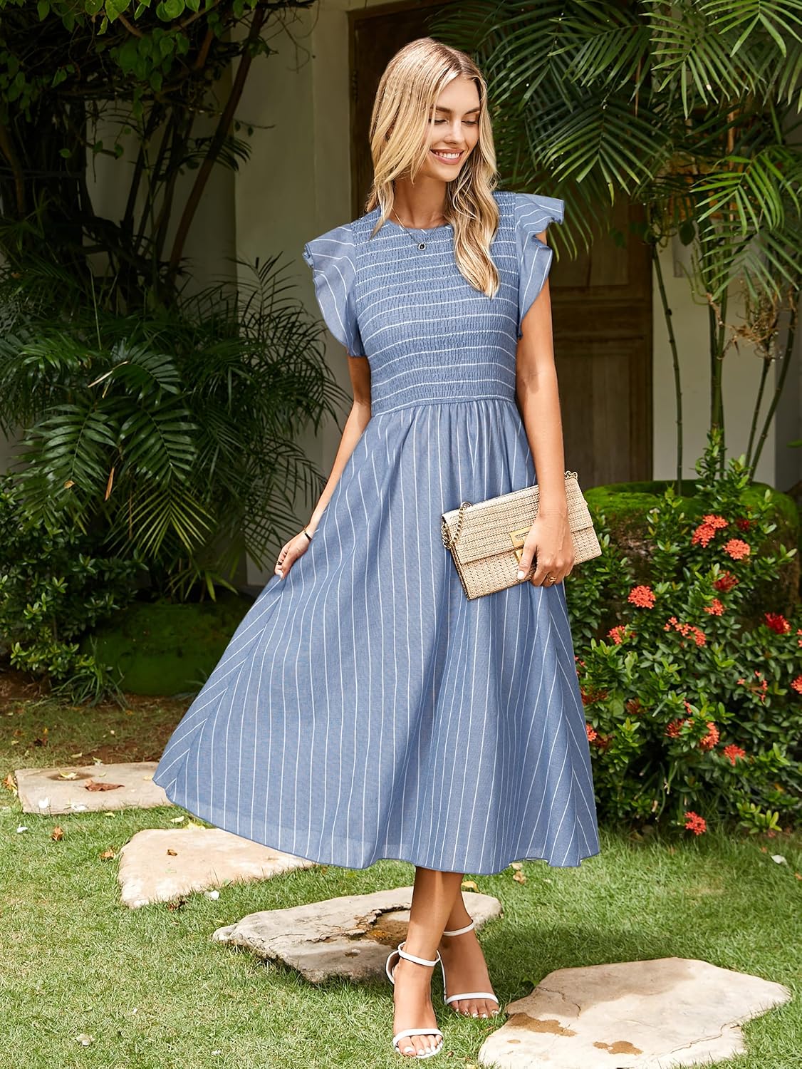 Simplee Womens Striped Midi Summer Dress Linen Smocked Flutter Short Sleeve Dress Flowy Casual Dress with Pockets - Image 2