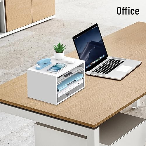 Miniatura 9 de Organizador de escritorio de madera, organizador de bandeja de papel de 3 niveles para escritorio con estantes de almacenamiento ajustables,