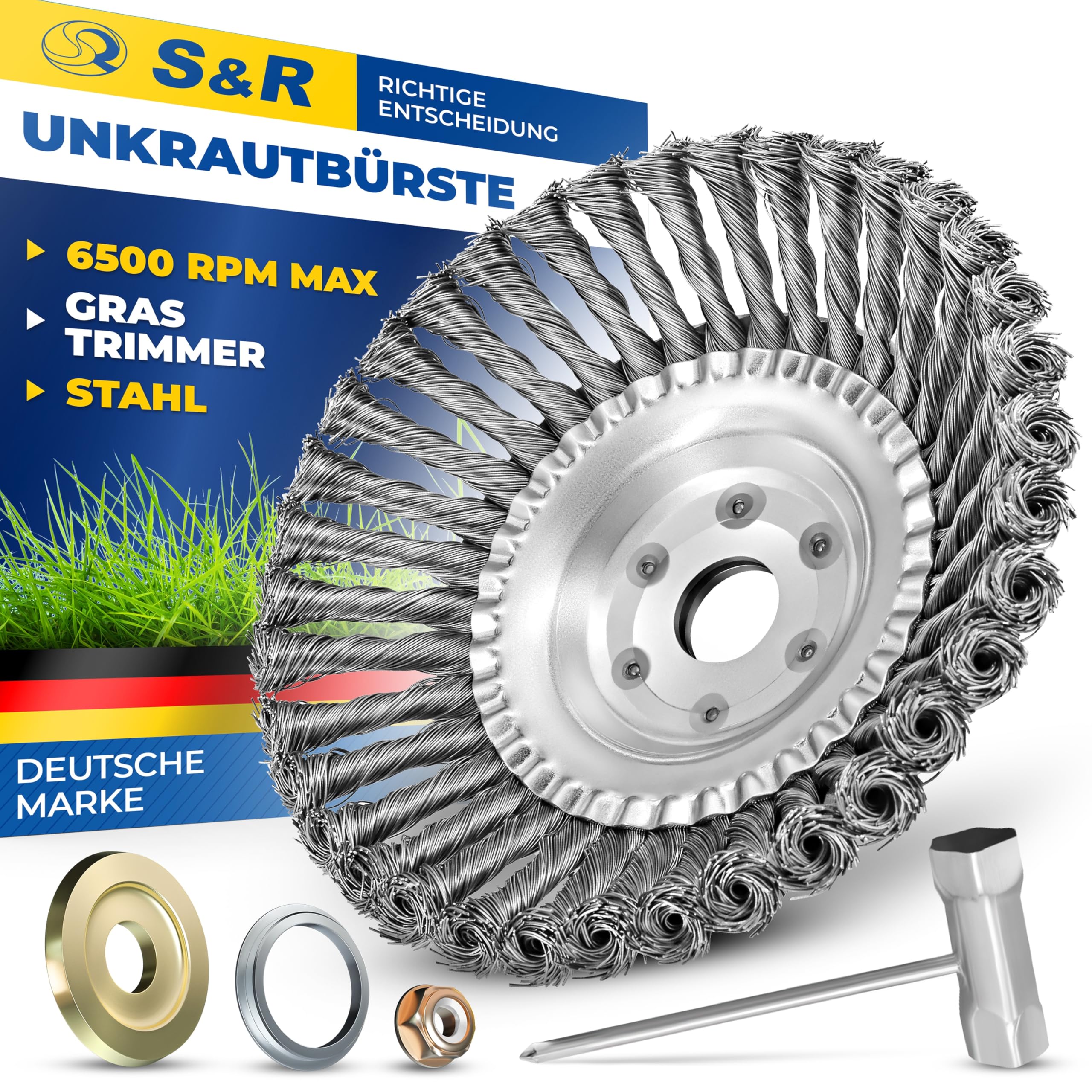 S&R Unkrautbürste, Stahlbürste 200 mm x 25,4 mm, Set 5-tlg mit Zubehör, gezopfter Stahldraht, Kegelbürste für Motorsense, Wildkrautbürste gegen Unkraut, Moos, starke Verunreinigungen