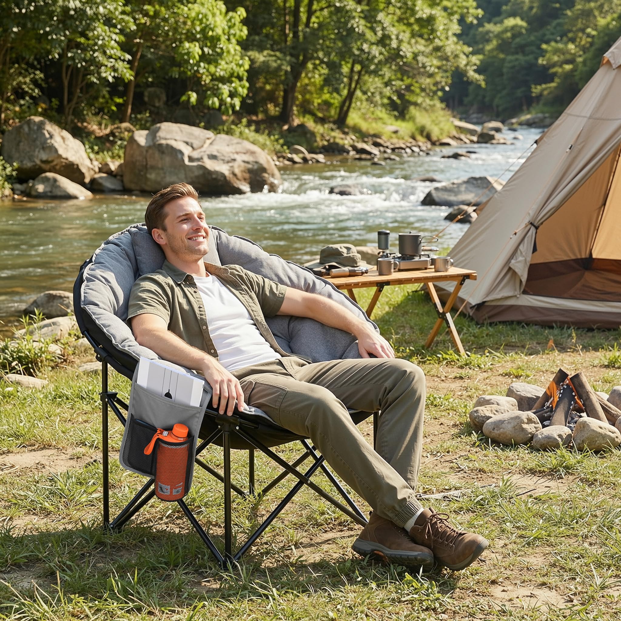 LIFERUN Moonchair Luxus 150KG, Campingsessel rund,Faltstuhl Camping Outdoor | Campingstuhl Faltbar mit Dick Gepolstert, Lagerungstasche, AntiRutsch-Füße, Seitentasche, für Garten, Angeln, Strand, Grau