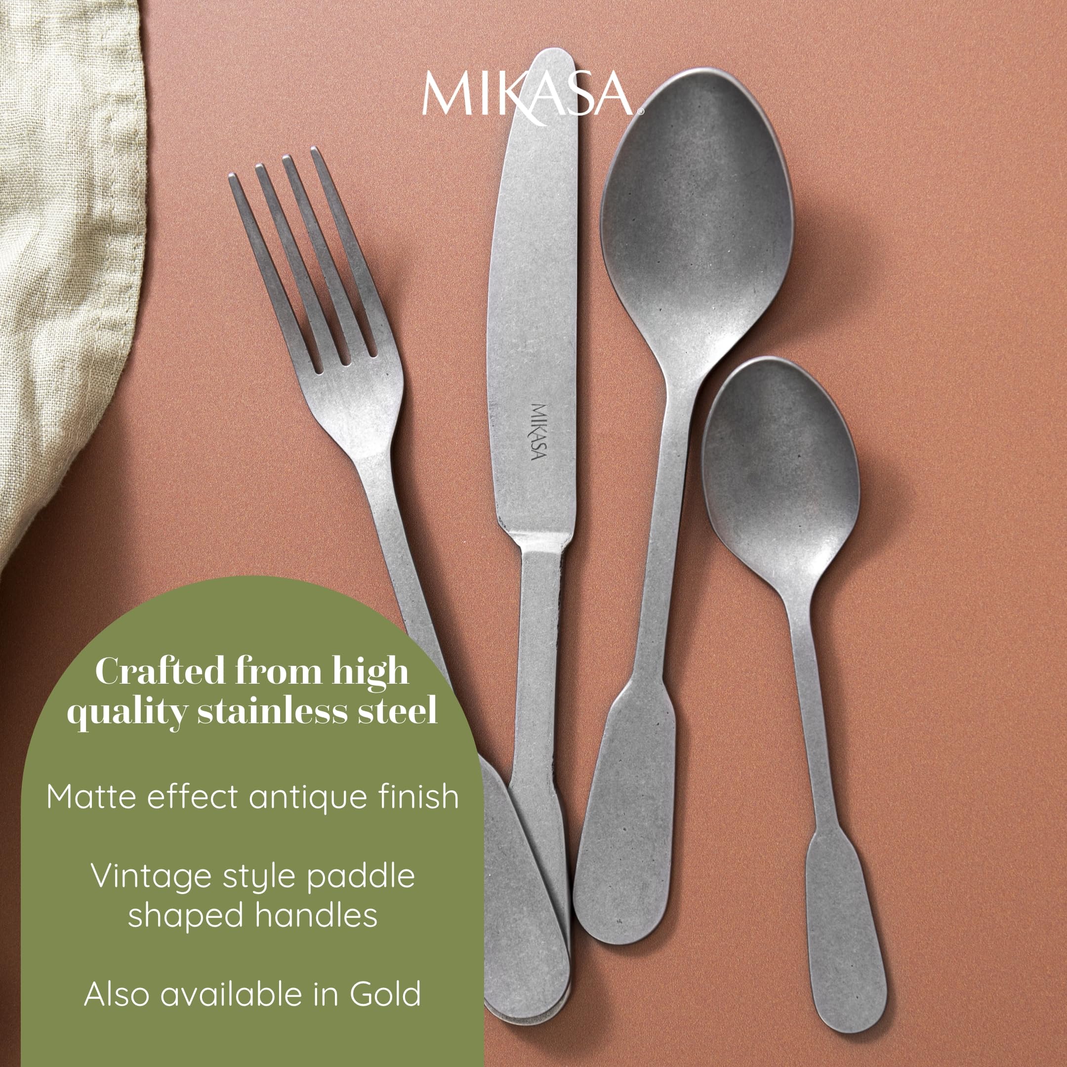 Mikasa Soho Antique 16-Piece Stainless Steel Cutlery Set, Cutlery Set for 4 | Includes 4x Knives, 4x Forks, 4x Dessert Spoons and 4x Teaspoons - Dishwasher Safe, Silver