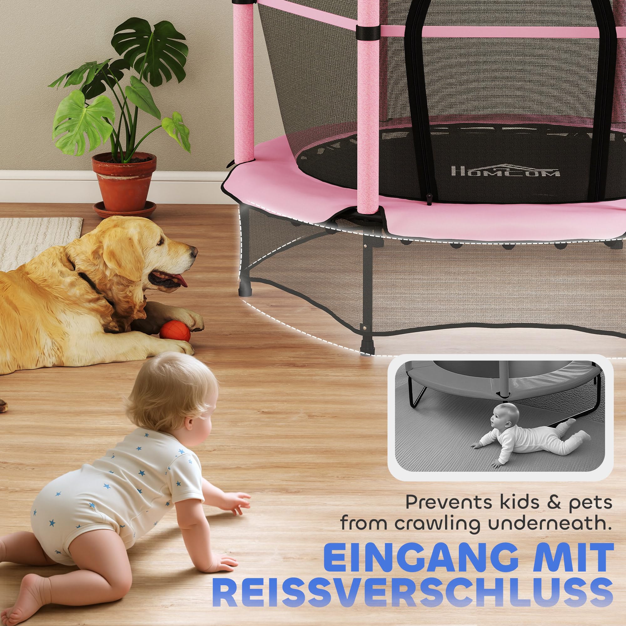 HOMCOM Kindertrampolin Ø140 cm, Trampolin mit Sicherheitsnetz, Randabdeckung, Gartentrampolin für Kinder 3-10 Jahre, bis 50 kg belastbar